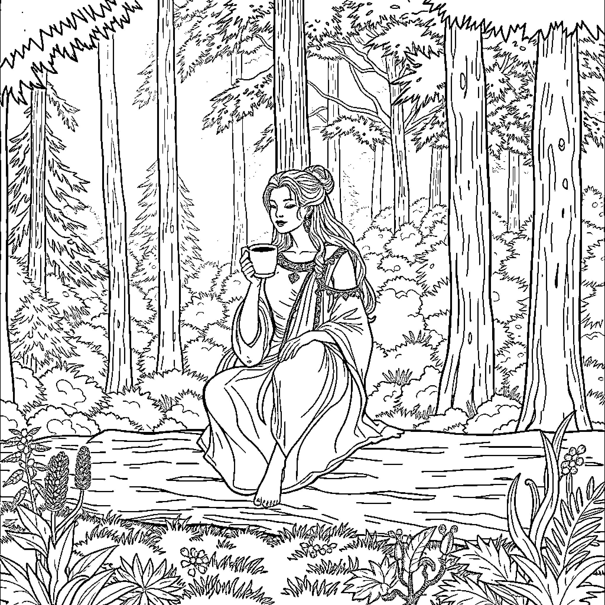 Goddess resting peacefully in serene forest Coloring Page (free black-and-white line drawing printable PDF for all, from beginners to advanced learners, including children, teens, adults, and seniors)