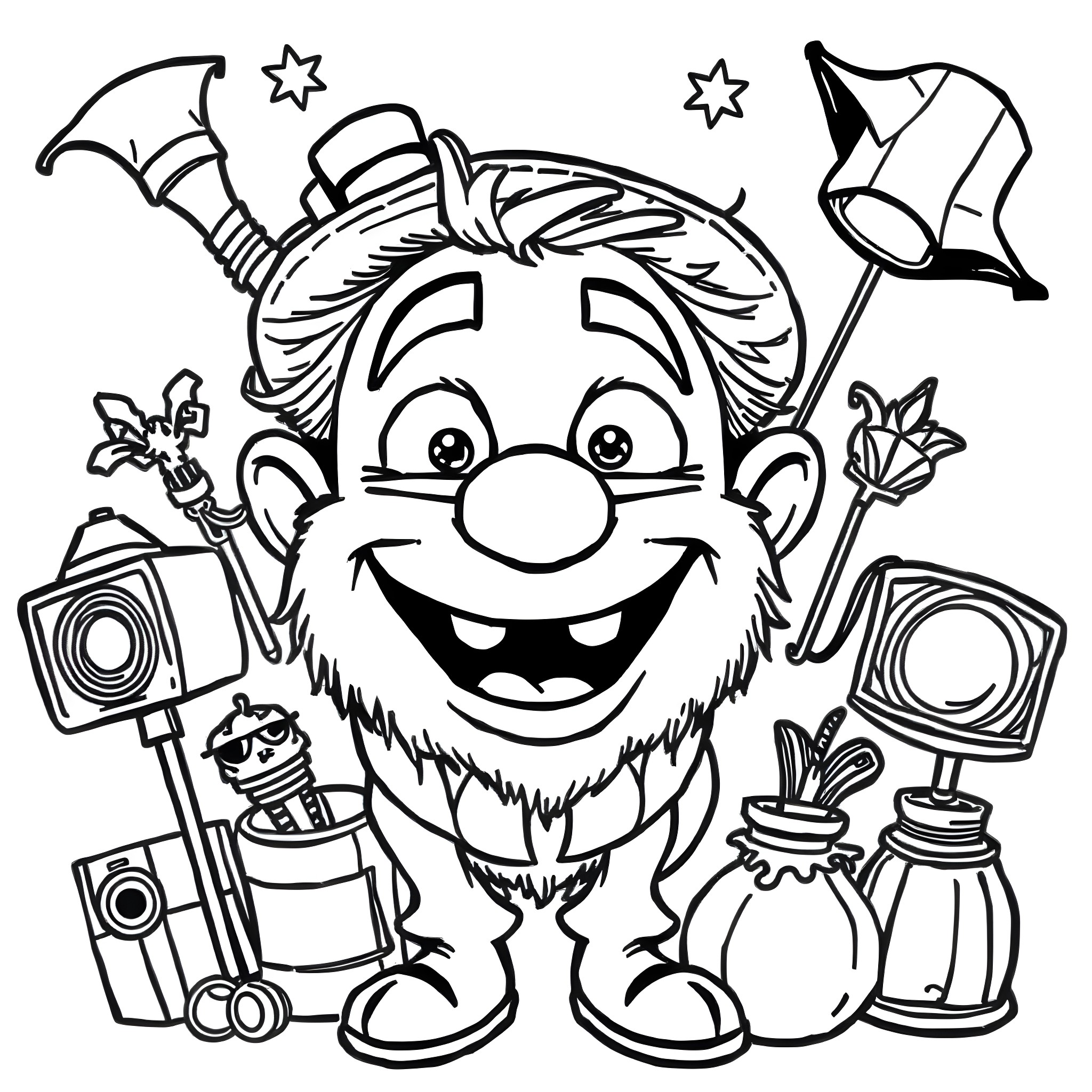 Man with Whimsical Costume and Accessories Coloring Page (free black-and-white line drawing printable PDF for all, from beginners to advanced learners, including children, teens, adults, and seniors)