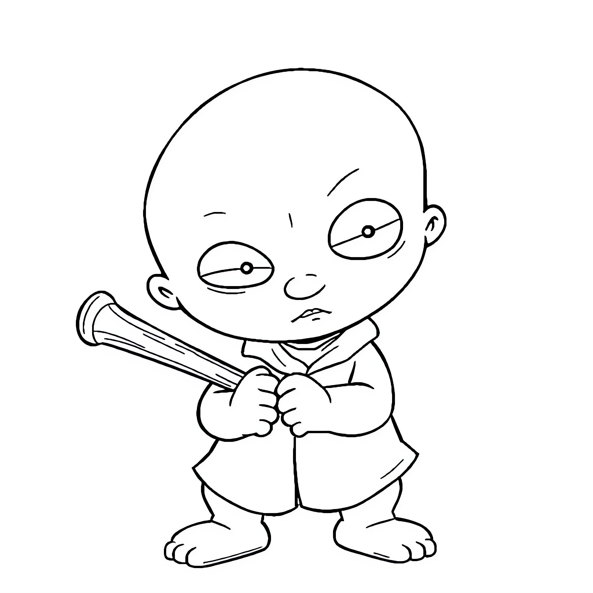 Stewie Griffin playing with a baseball bat Coloring Page (free black-and-white line drawing printable PDF for all, from beginners to advanced learners, including children, teens, adults, and seniors)