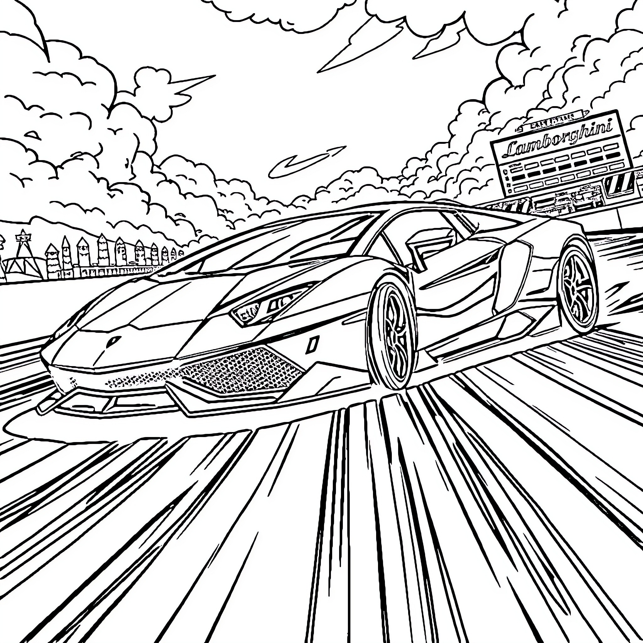 Lamborghini racing through the city at high speed Coloring Page (free black-and-white line drawing printable PDF for all, from beginners to advanced learners, including children, teens, adults, and seniors)