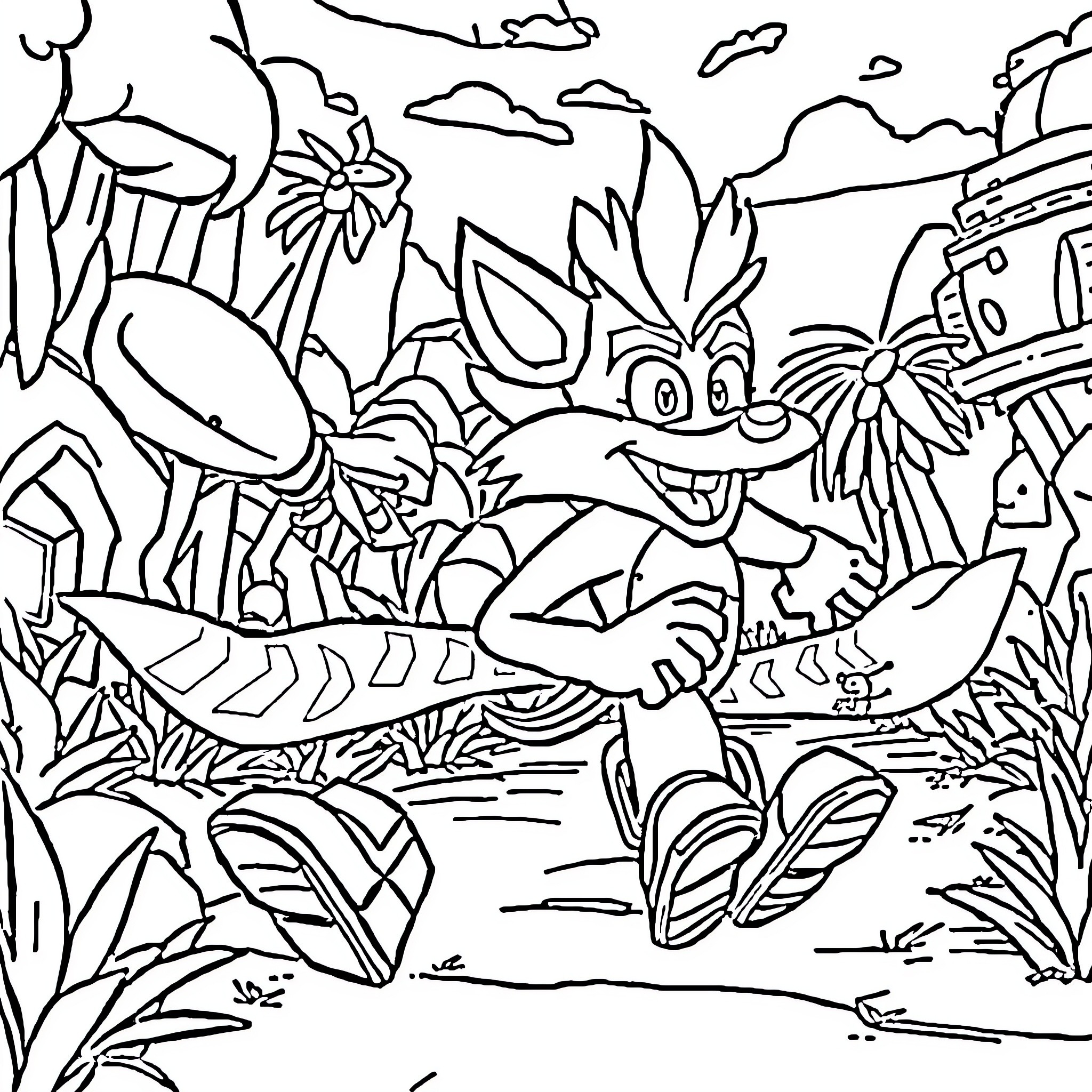 Banban's Playful Journey in the Lush Jungle Coloring Page (free black-and-white line drawing printable PDF for all, from beginners to advanced learners, including children, teens, adults, and seniors)