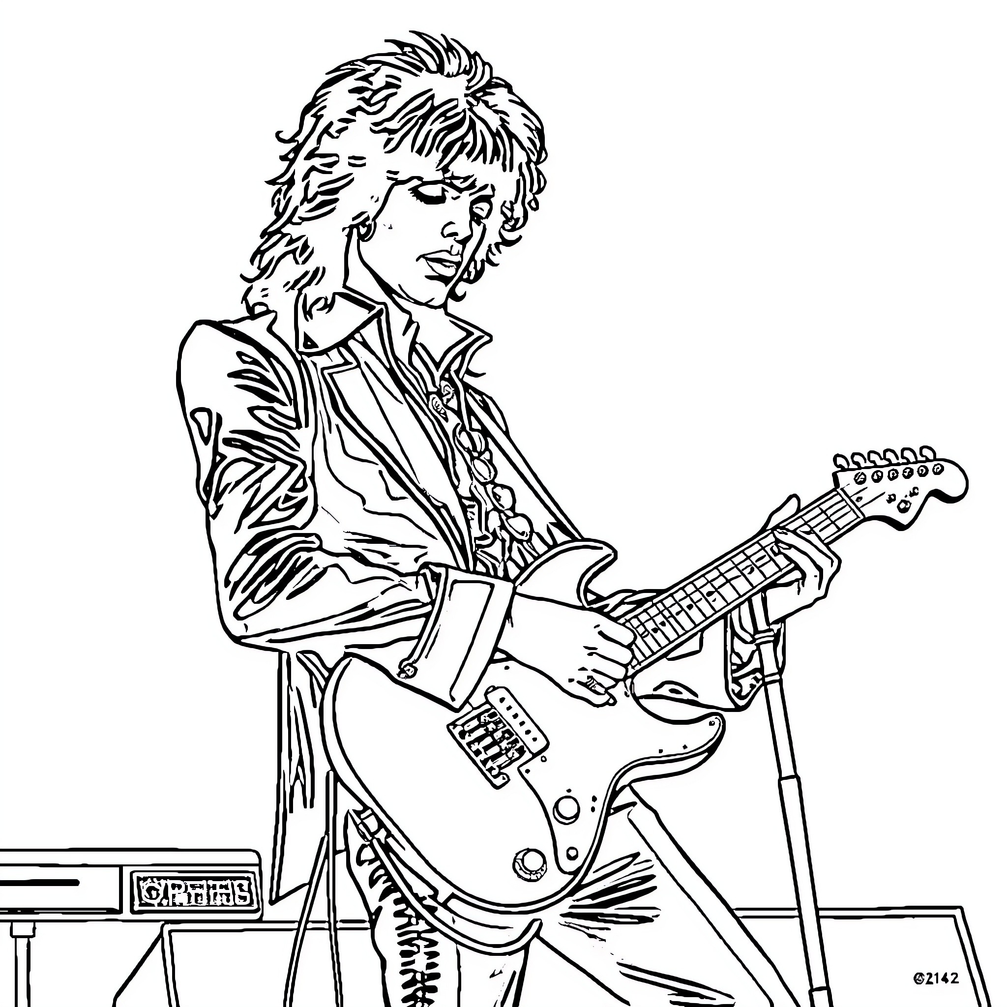 Prince playing electric guitar on stage Coloring Page (free black-and-white line drawing printable PDF for all, from beginners to advanced learners, including children, teens, adults, and seniors)