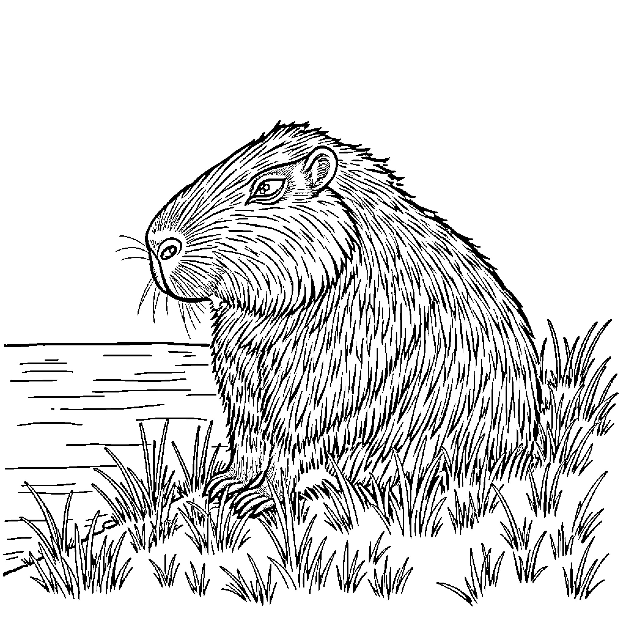 Capybara resting in lush grass Coloring Page (free black-and-white line drawing printable PDF for all, from beginners to advanced learners, including children, teens, adults, and seniors)