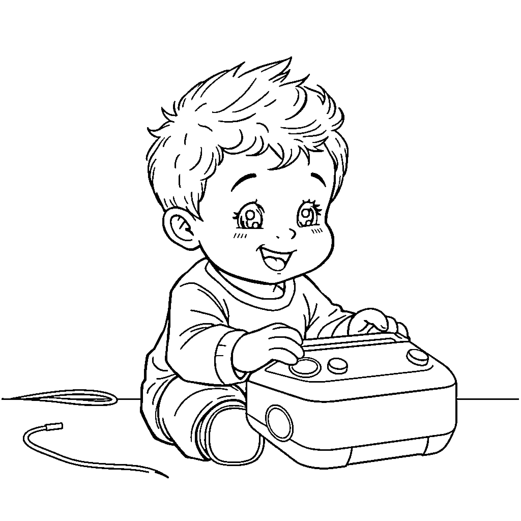 Baby Boy Playing with Video Game Controller Coloring Page (free black-and-white line drawing printable PDF for all, from beginners to advanced learners, including children, teens, adults, and seniors)