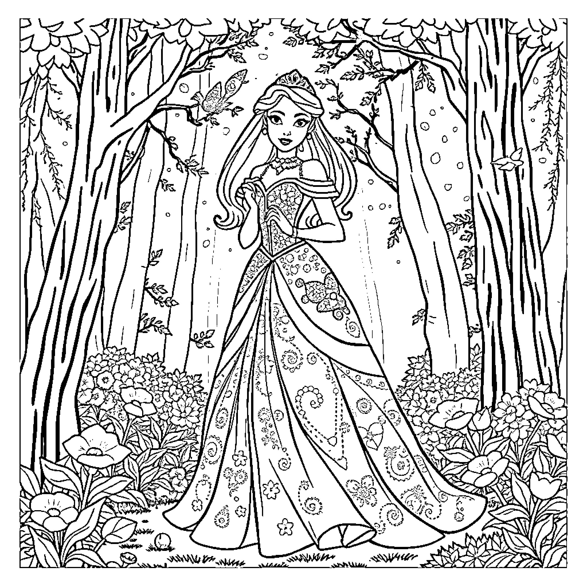 Disney Princess Exploring Enchanted Forest Coloring Page (free black-and-white line drawing printable PDF for all, from beginners to advanced learners, including children, teens, adults, and seniors)