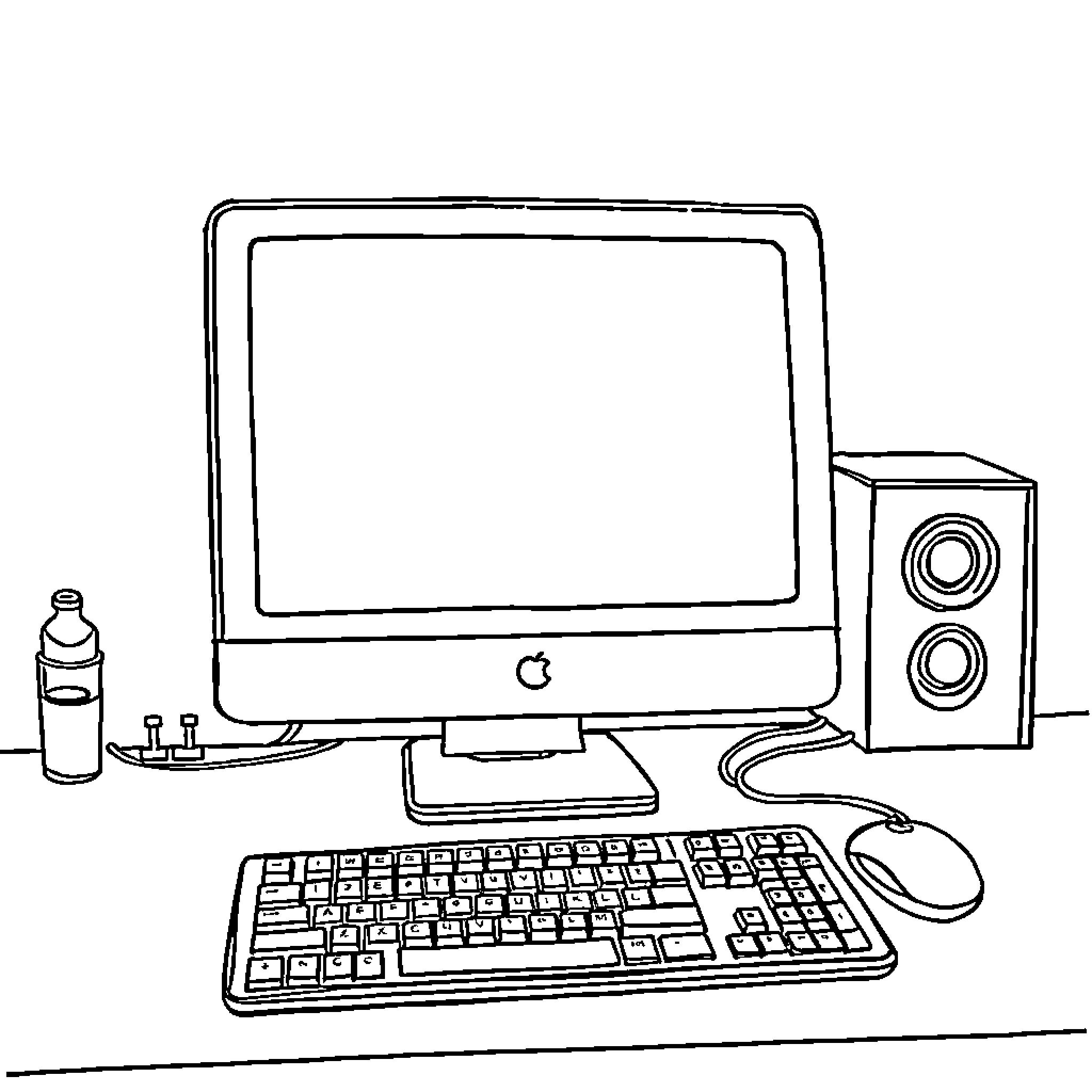 Computer with keyboard, speakers, and water bottle Coloring Page (free black-and-white line drawing printable PDF for all, from beginners to advanced learners, including children, teens, adults, and seniors)