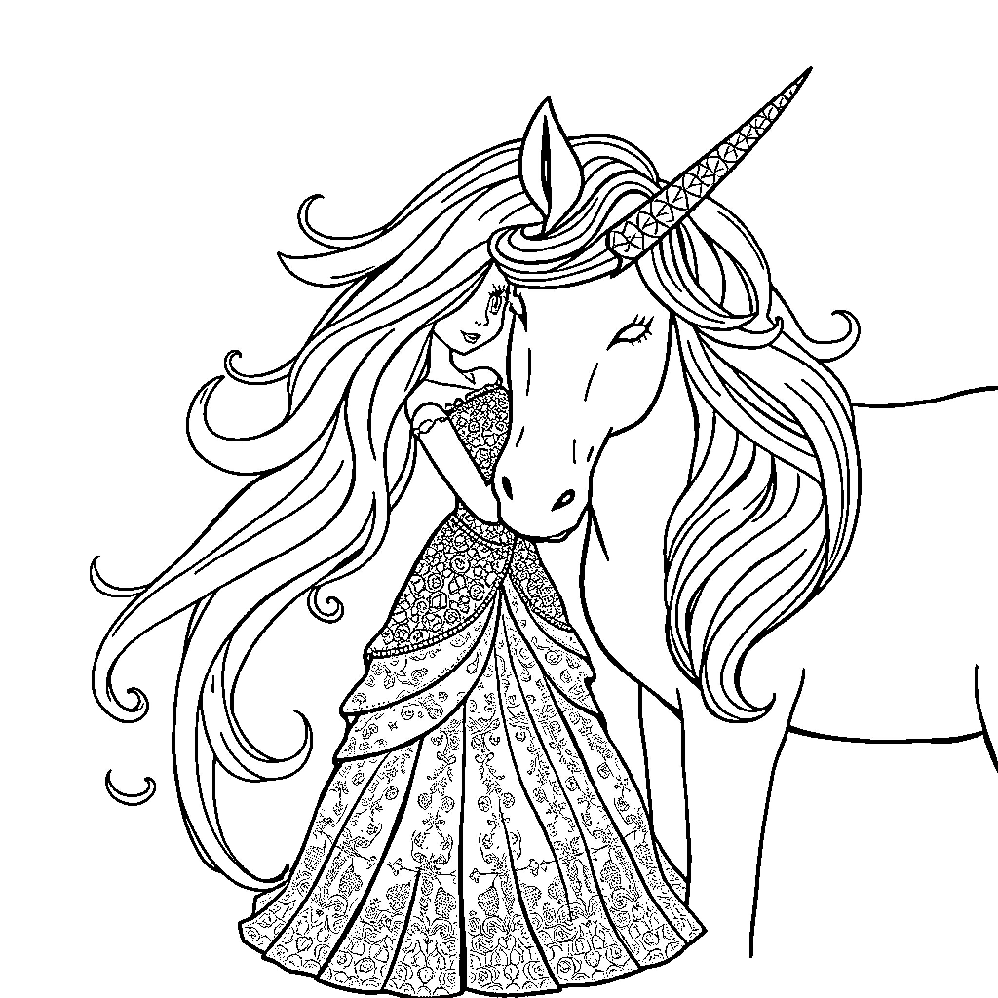 Princess and Her Unicorn Friend in Enchanting Setting Coloring Page (free black-and-white line drawing printable PDF for all, from beginners to advanced learners, including children, teens, adults, and seniors)