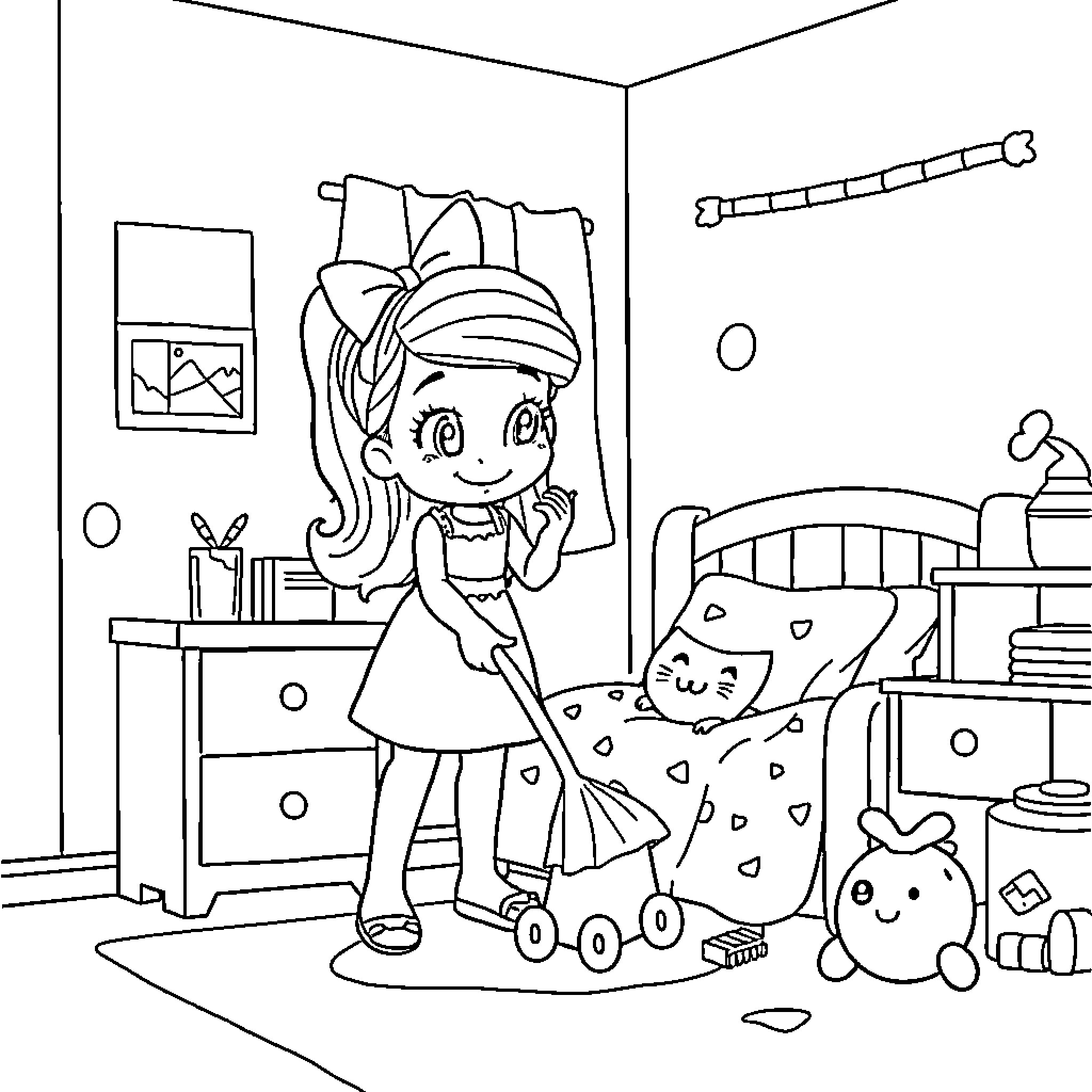 Bluey playing with toys in her bedroom Coloring Page (free black-and-white line drawing printable PDF for all, from beginners to advanced learners, including children, teens, adults, and seniors)