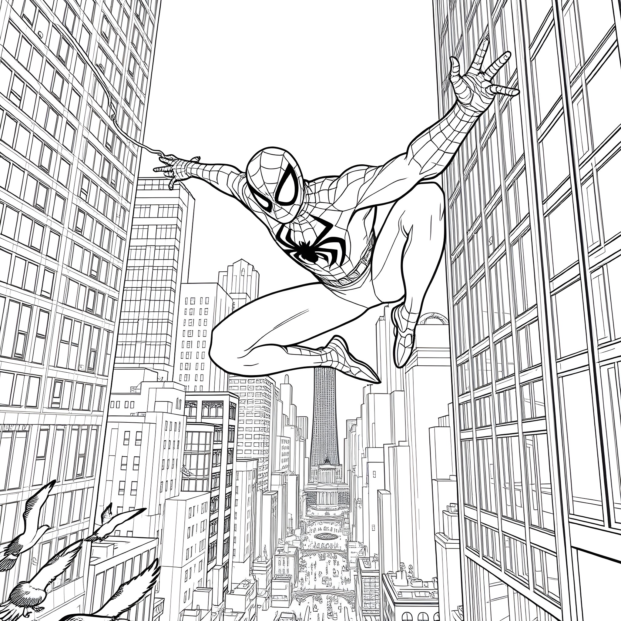 Spiderman swinging through the city Coloring Page (free black-and-white line drawing printable PDF for all, from beginners to advanced learners, including children, teens, adults, and seniors)