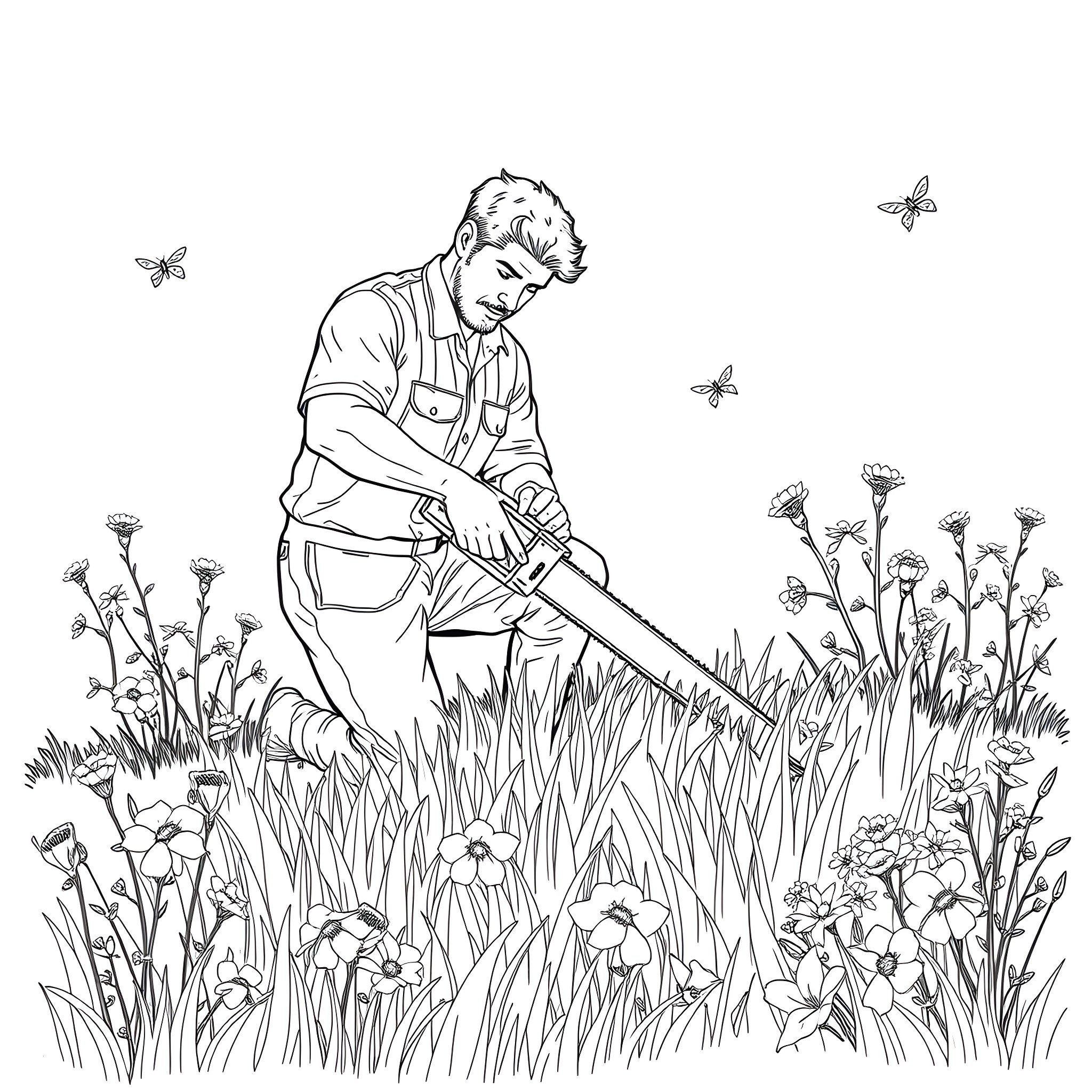 Man working diligently in a lush garden Coloring Page (free black-and-white line drawing printable PDF for all, from beginners to advanced learners, including children, teens, adults, and seniors)