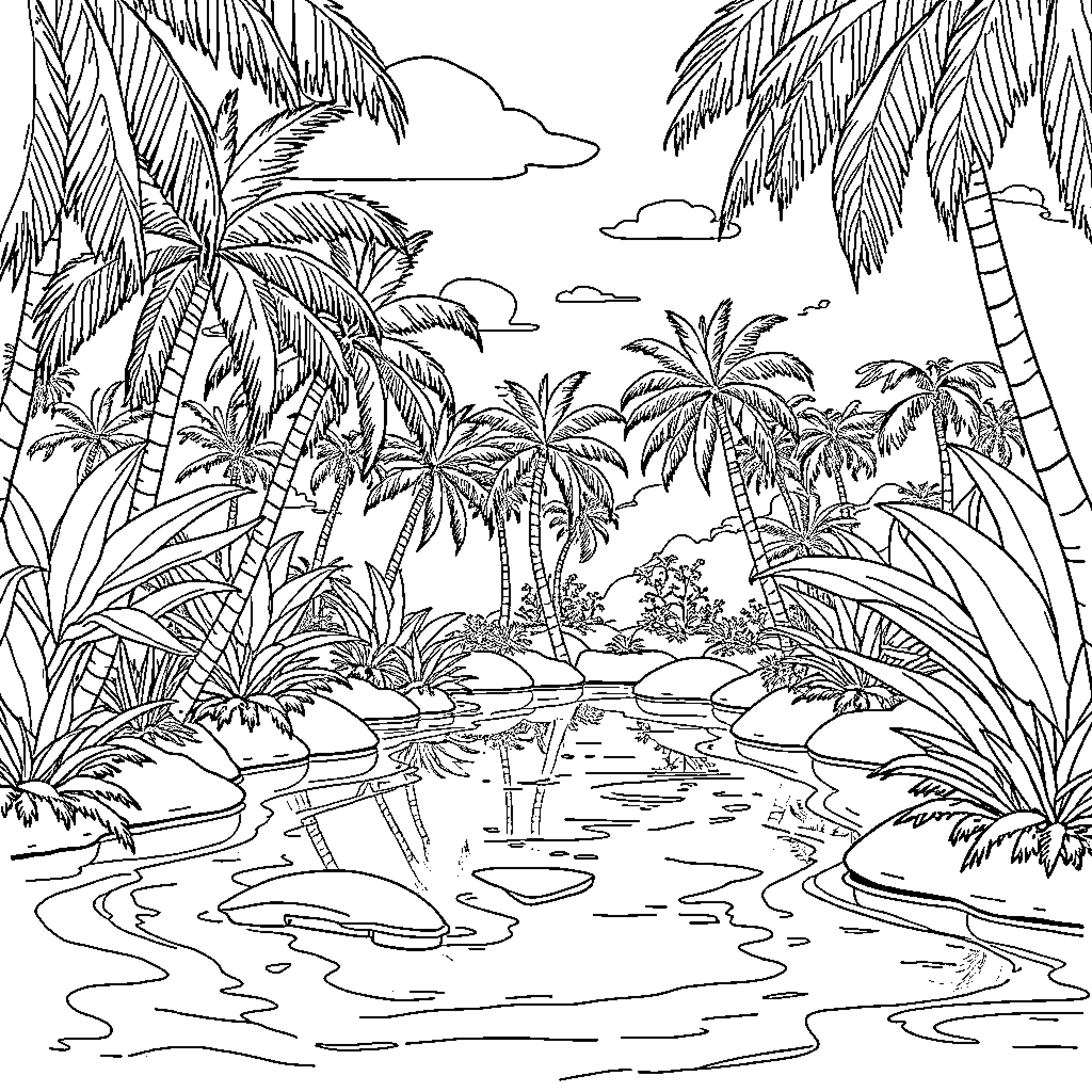 Oasis of lush palm trees and tranquil waters Coloring Page (free black-and-white line drawing printable PDF for all, from beginners to advanced learners, including children, teens, adults, and seniors)