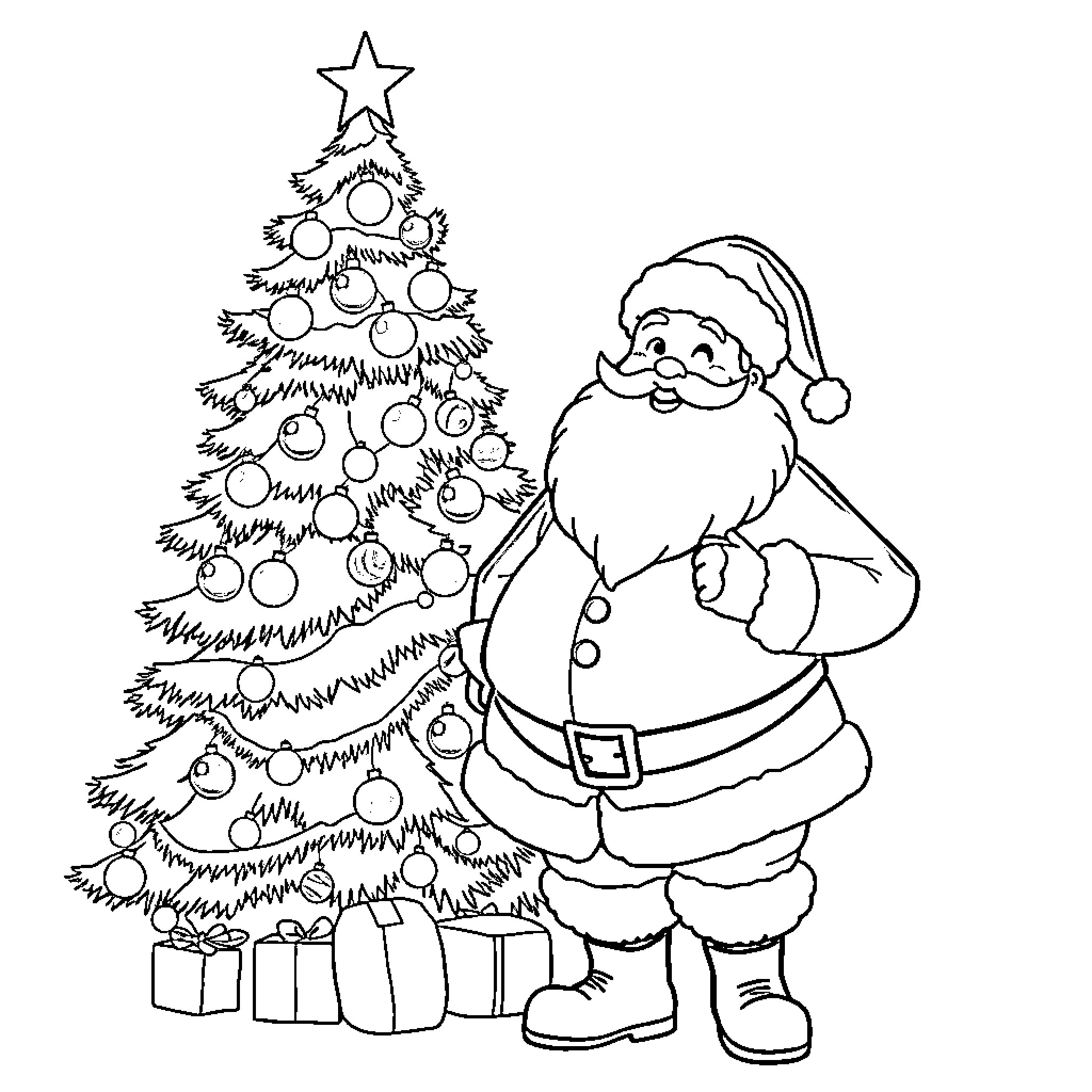 Christmas Tree with Jolly Santa Claus Coloring Page (free black-and-white line drawing printable PDF for all, from beginners to advanced learners, including children, teens, adults, and seniors)