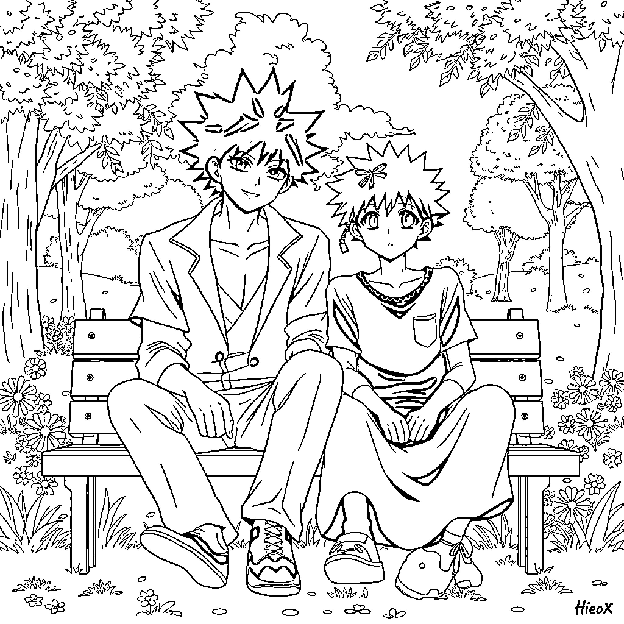 Killua and companion relax in a serene park Coloring Page (free black-and-white line drawing printable PDF for all, from beginners to advanced learners, including children, teens, adults, and seniors)