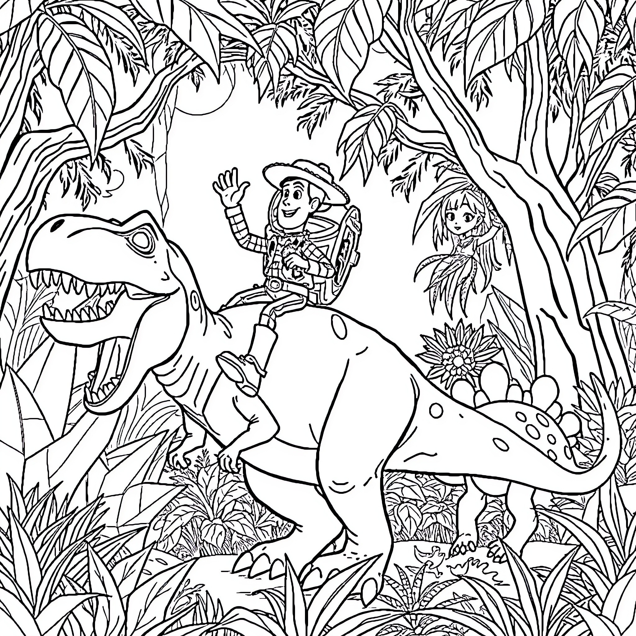 Woody and Buzz in a Jurassic Adventure Coloring Page (free black-and-white line drawing printable PDF for all, from beginners to advanced learners, including children, teens, adults, and seniors)