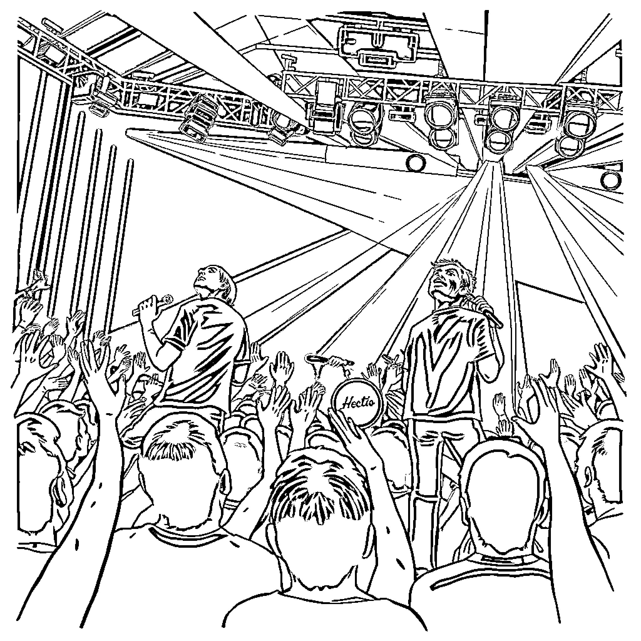 Arctic Monkeys Performing on Stage Before Cheering Crowd Coloring Page (free black-and-white line drawing printable PDF for all, from beginners to advanced learners, including children, teens, adults, and seniors)