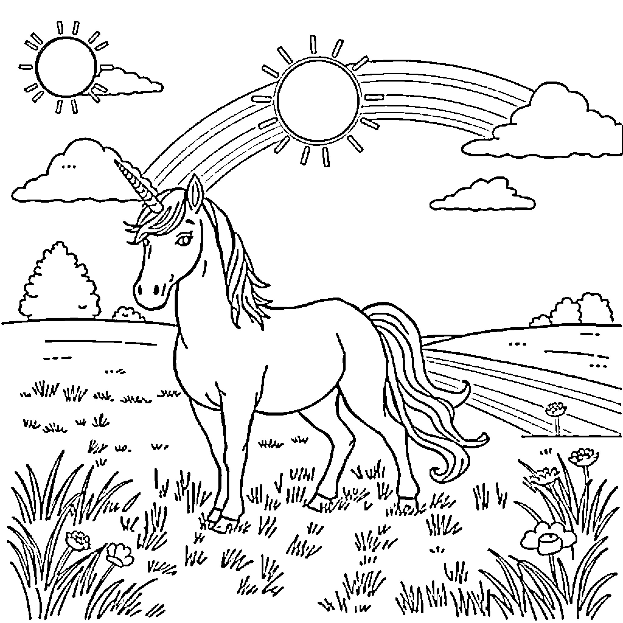 Unicorn exploring the enchanting landscape Coloring Page (free black-and-white line drawing printable PDF for all, from beginners to advanced learners, including children, teens, adults, and seniors)