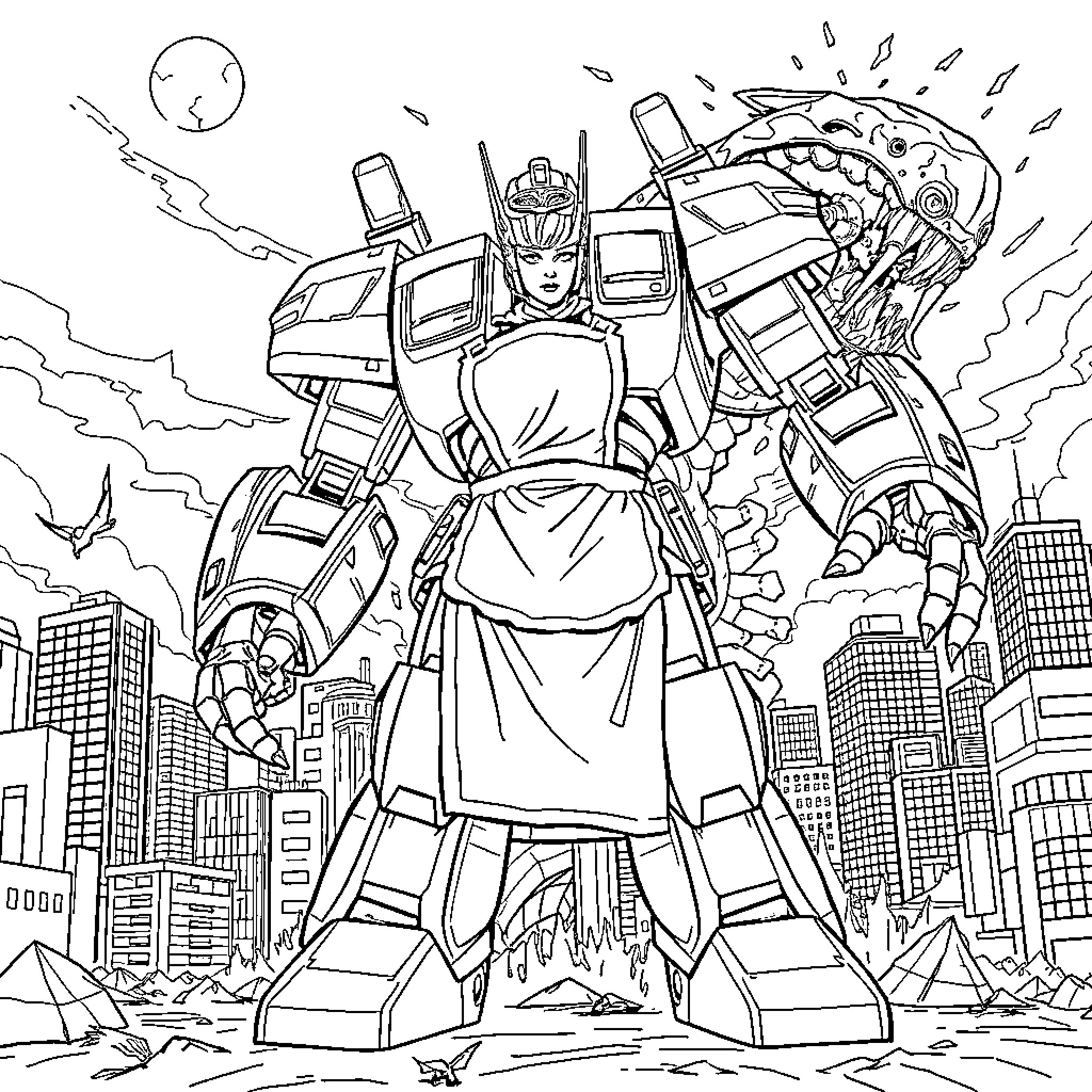 Martha Stewart Robot Battles Giant Mecha in Futuristic City Coloring Page (free black-and-white line drawing printable PDF for all, from beginners to advanced learners, including children, teens, adults, and seniors)