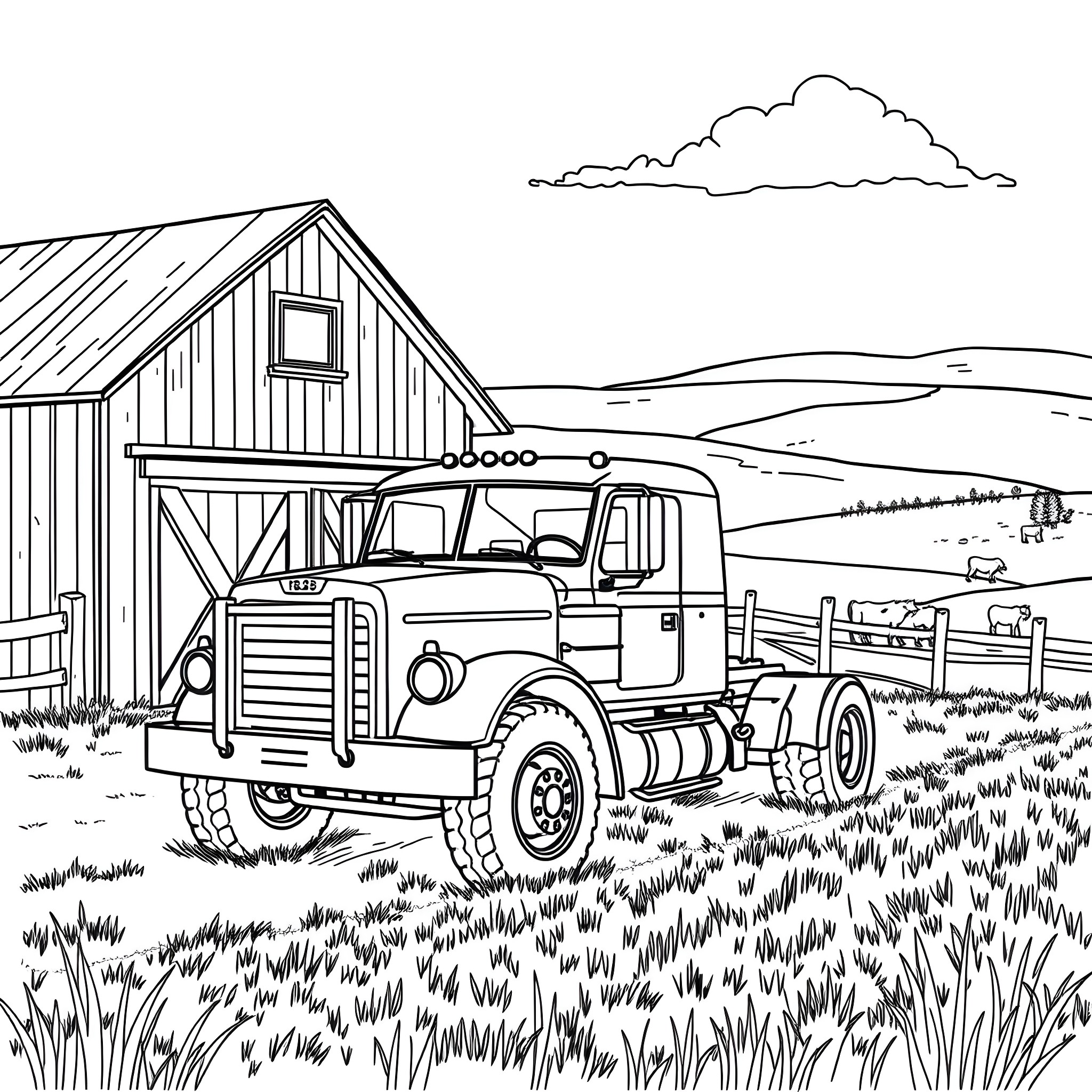 Truck parked beside old country barn in field Coloring Page (free black-and-white line drawing printable PDF for all, from beginners to advanced learners, including children, teens, adults, and seniors)