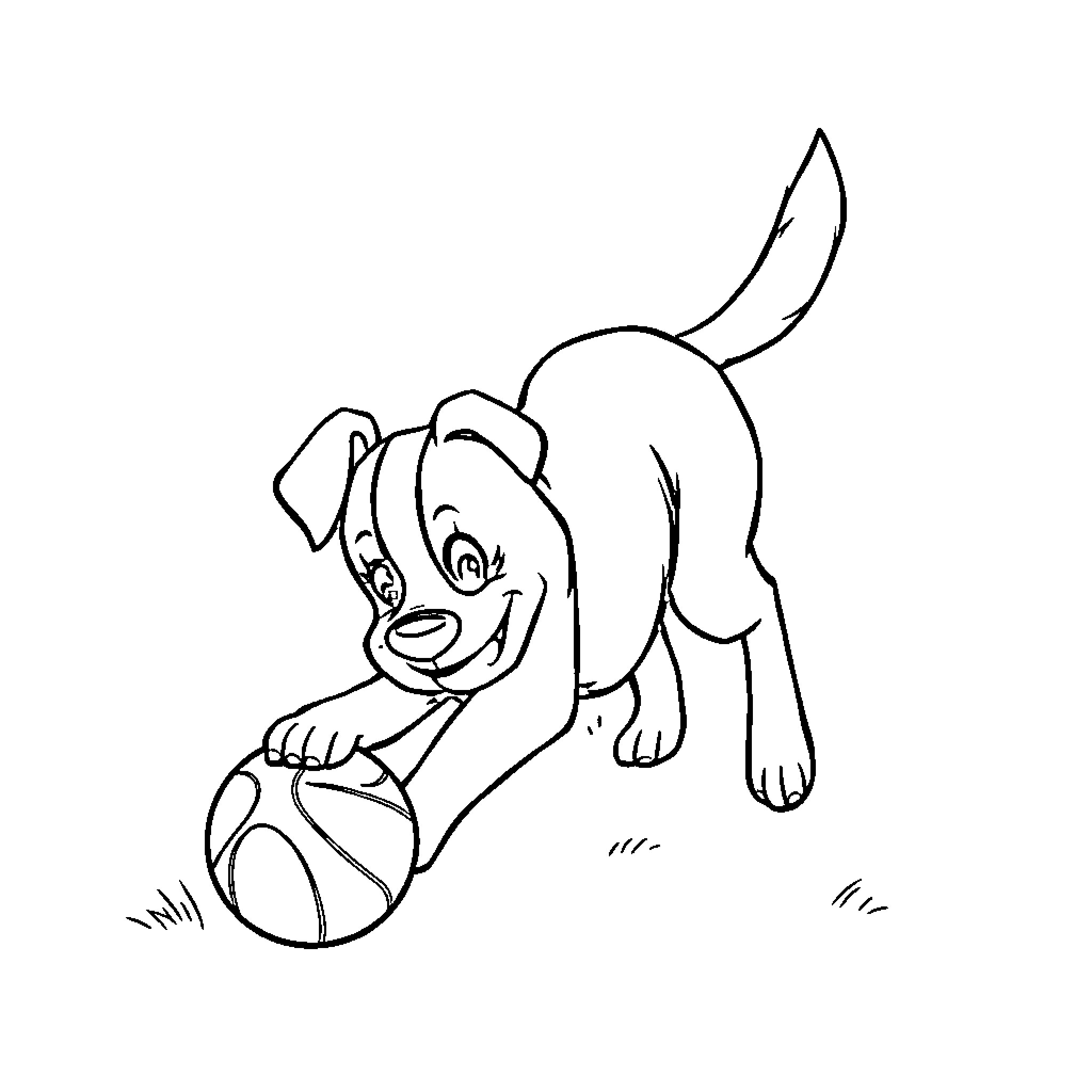 Dog playing happily with a ball Coloring Page (free black-and-white line drawing printable PDF for all, from beginners to advanced learners, including children, teens, adults, and seniors)