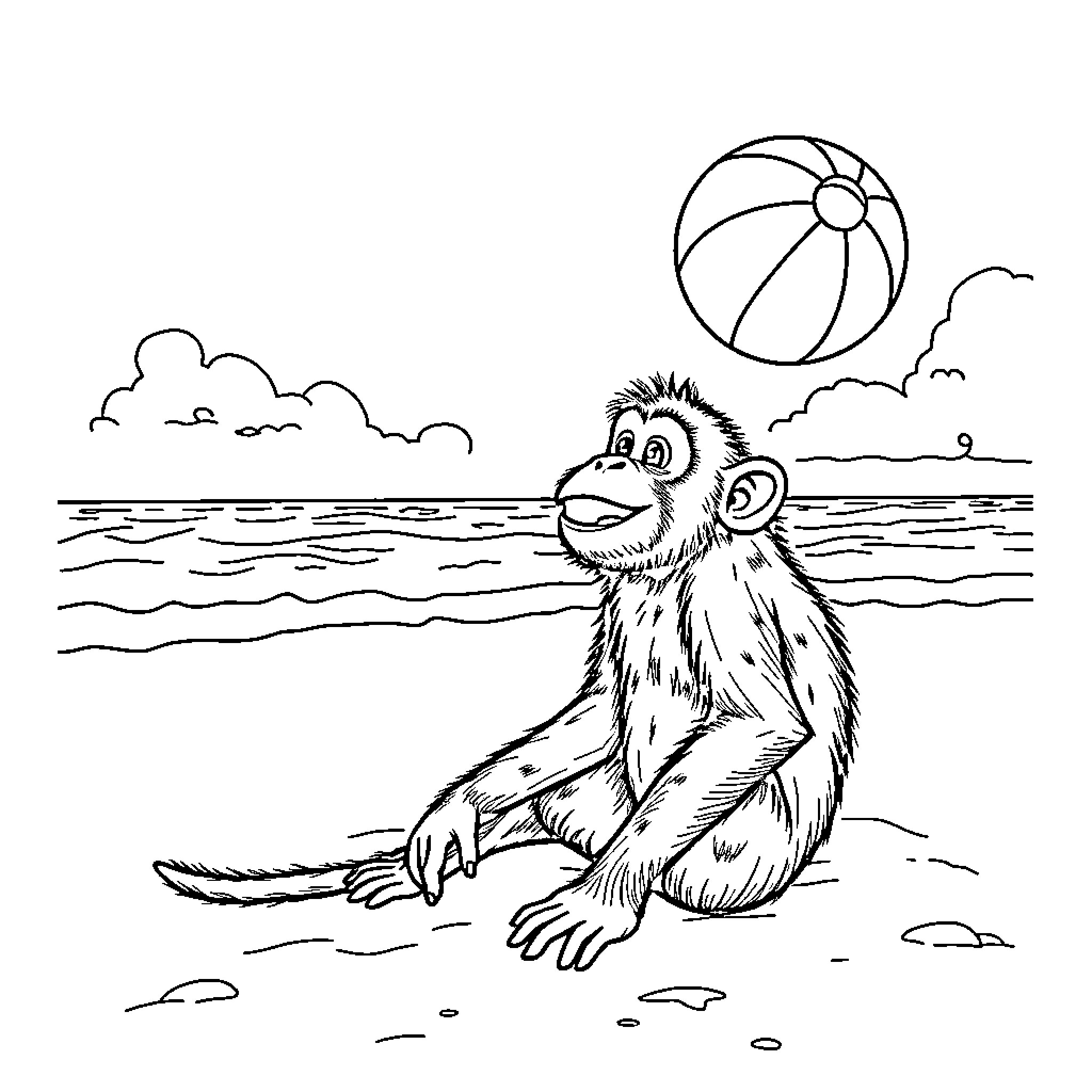 Monkey playing with beach ball on the shore Coloring Page (free black-and-white line drawing printable PDF for all, from beginners to advanced learners, including children, teens, adults, and seniors)