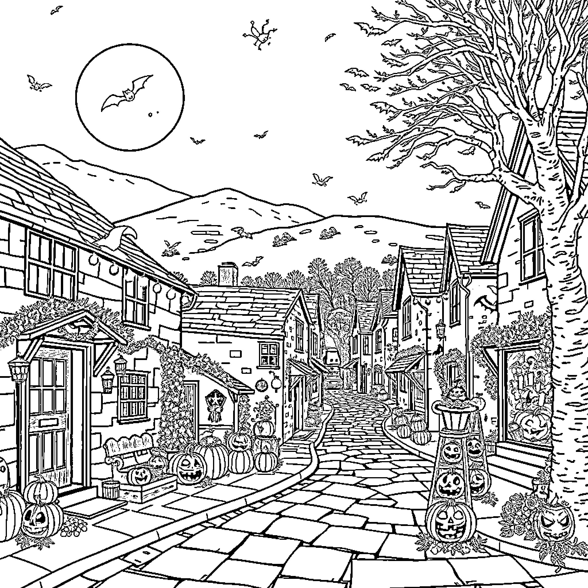 Town filled with spooky Halloween decorations and celebrations Coloring Page (free black-and-white line drawing printable PDF for all, from beginners to advanced learners, including children, teens, adults, and seniors)