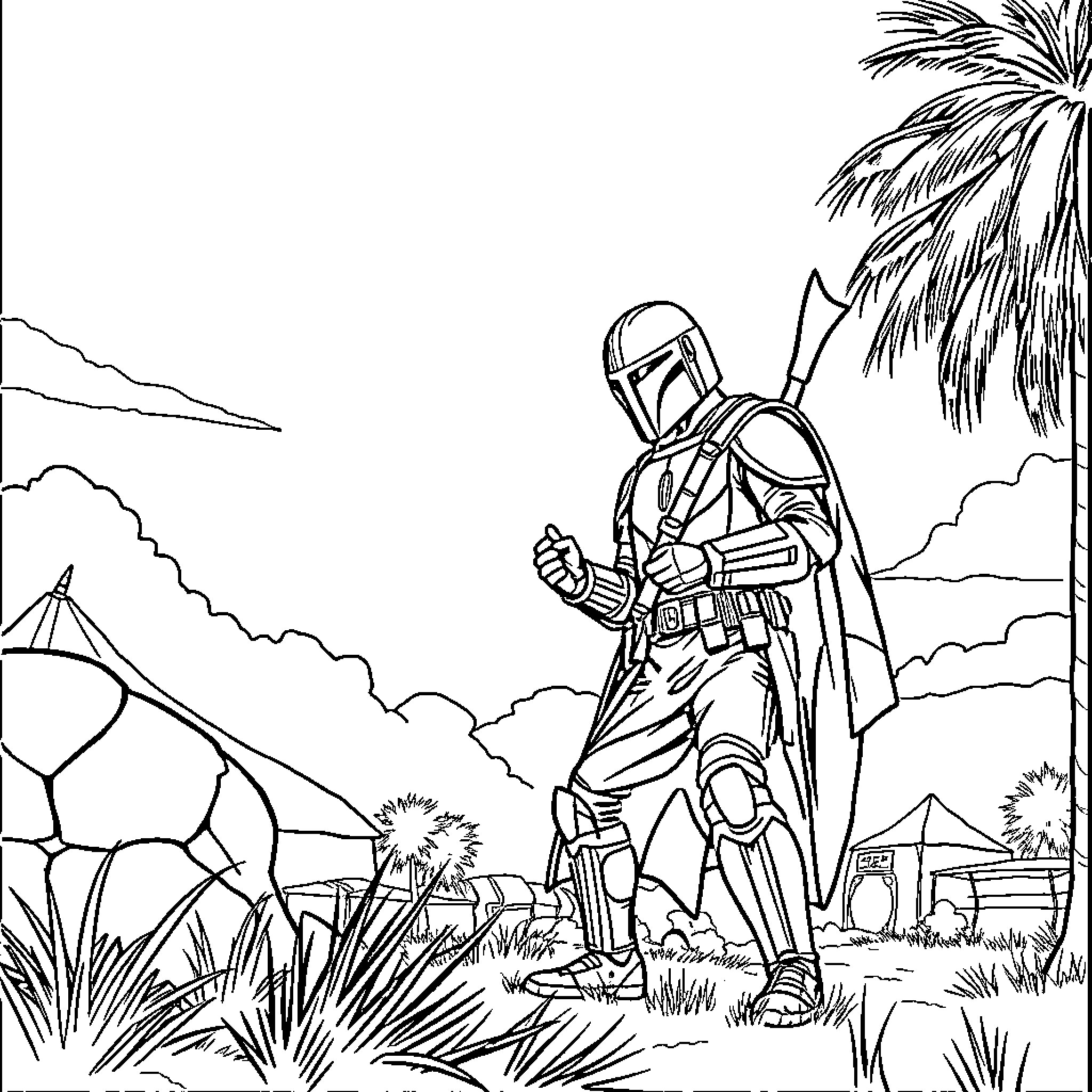 Mandalorian Warrior Stands Firm in Desert Landscape Coloring Page (free black-and-white line drawing printable PDF for all, from beginners to advanced learners, including children, teens, adults, and seniors)