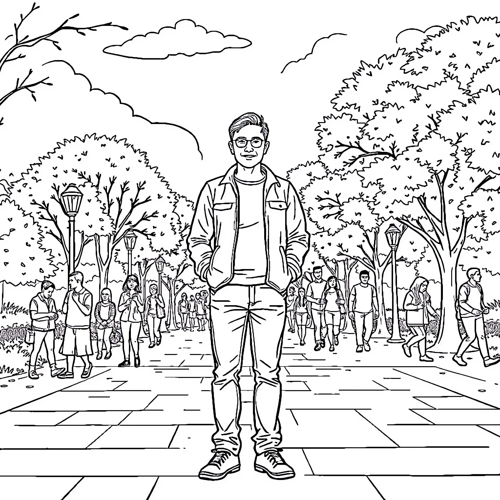 Adult standing in a public park with people Coloring Page (free black-and-white line drawing printable PDF for all, from beginners to advanced learners, including children, teens, adults, and seniors)