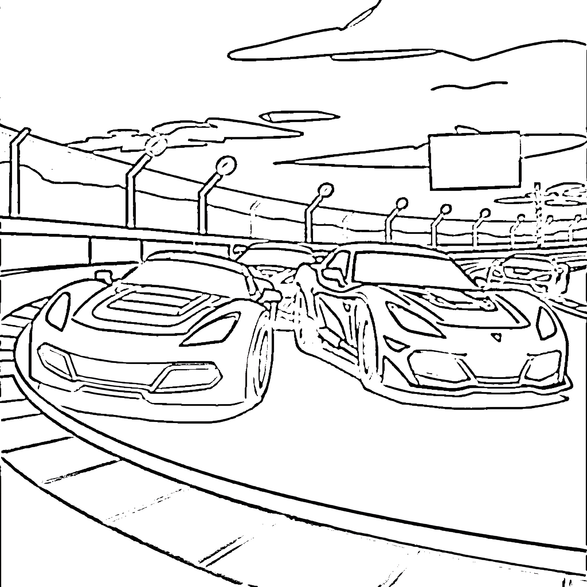 Hot Wheels Racing Action Thrilling Showdown Coloring Page (free black-and-white line drawing printable PDF for all, from beginners to advanced learners, including children, teens, adults, and seniors)