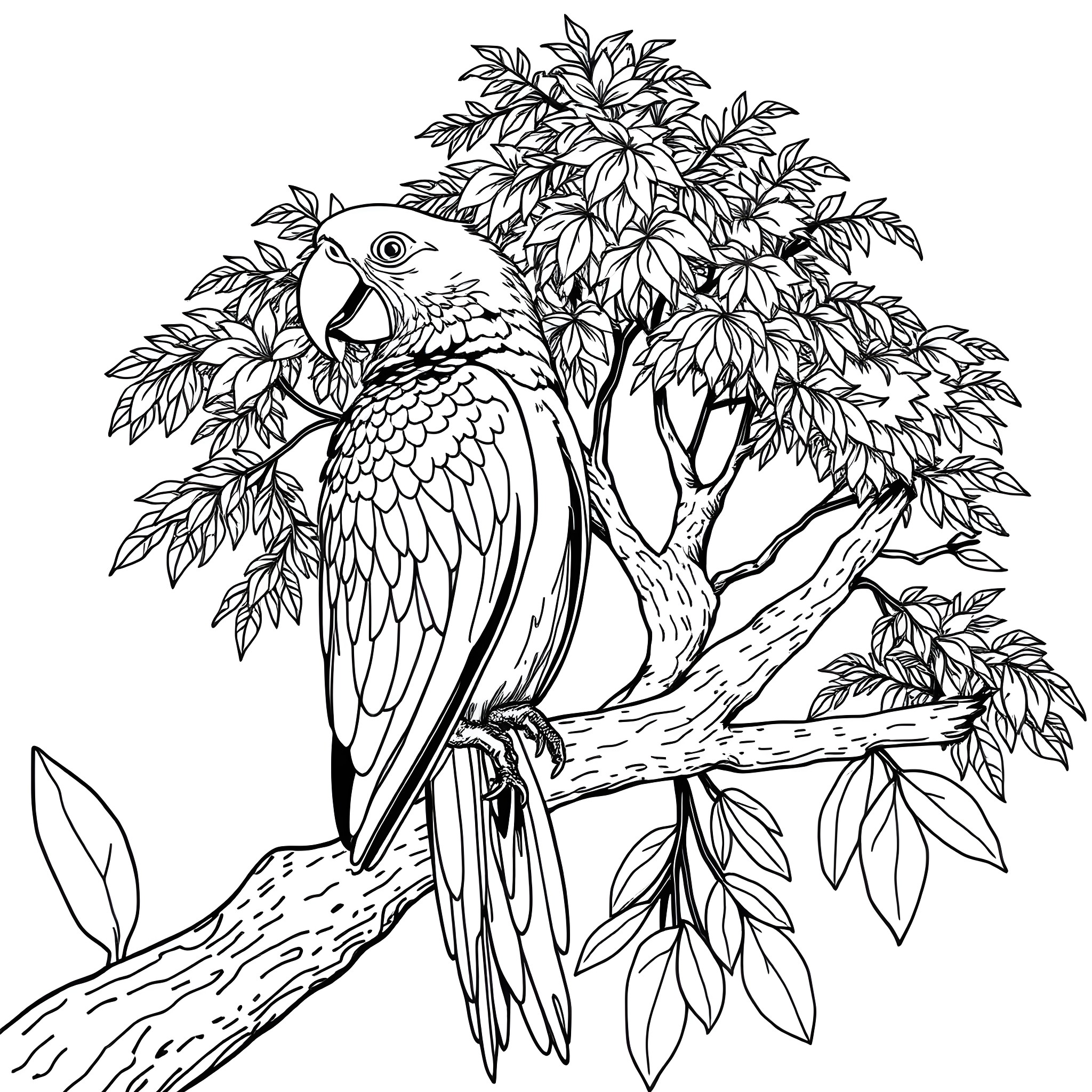 Parrot perched on tree branch surrounded by leaves Coloring Page (free black-and-white line drawing printable PDF for all, from beginners to advanced learners, including children, teens, adults, and seniors)
