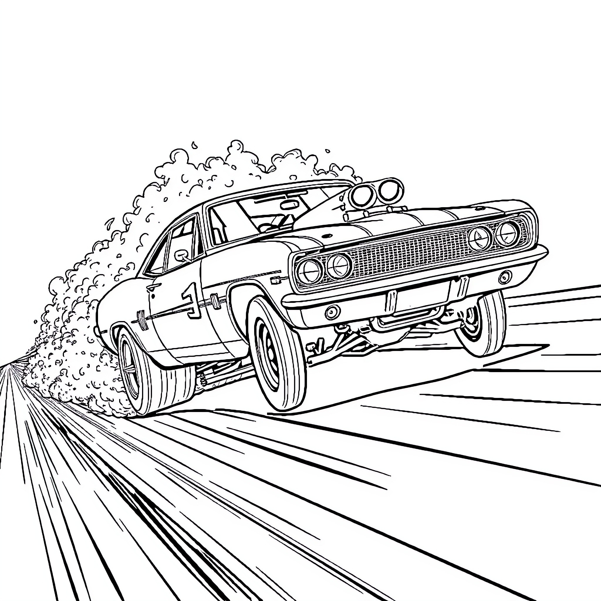 Drag Car racing at high speed Coloring Page (free black-and-white line drawing printable PDF for all, from beginners to advanced learners, including children, teens, adults, and seniors)