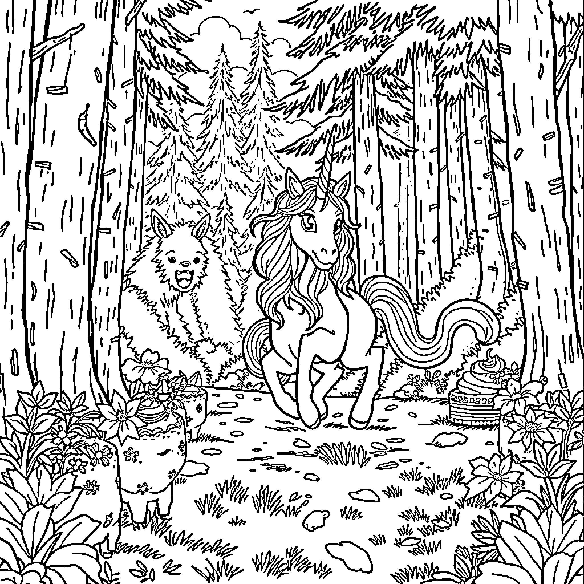 Cat and unicorn exploring the enchanted forest Coloring Page (free black-and-white line drawing printable PDF for all, from beginners to advanced learners, including children, teens, adults, and seniors)