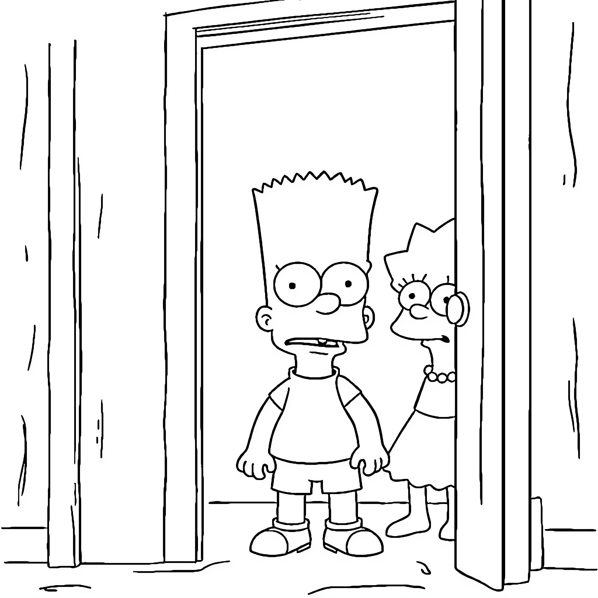 Bart Simpson and Lisa Simpson stand in the doorway Coloring Page (free black-and-white line drawing printable PDF for all, from beginners to advanced learners, including children, teens, adults, and seniors)