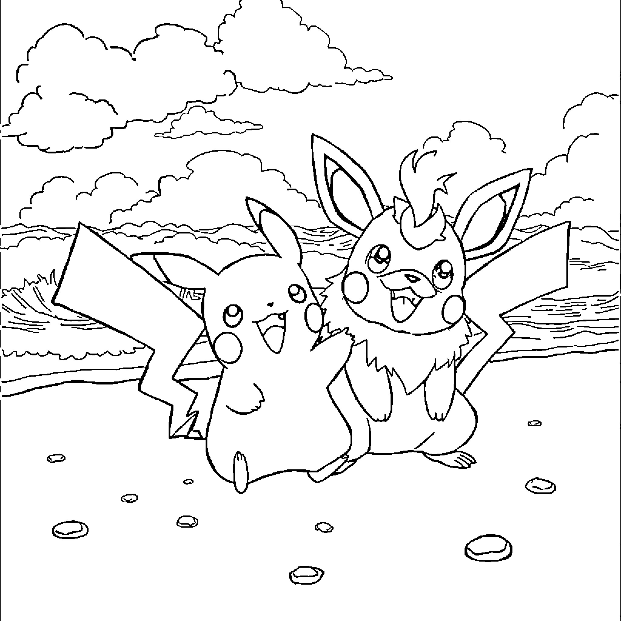 Pikachu and Eevee playing together in the wilderness Coloring Page (free black-and-white line drawing printable PDF for all, from beginners to advanced learners, including children, teens, adults, and seniors)