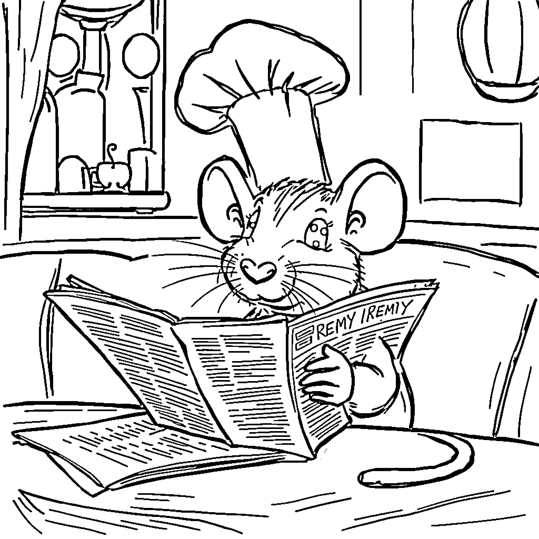 Ratatouille mouse reading a newspaper in the kitchen Coloring Page (free black-and-white line drawing printable PDF for all, from beginners to advanced learners, including children, teens, adults, and seniors)