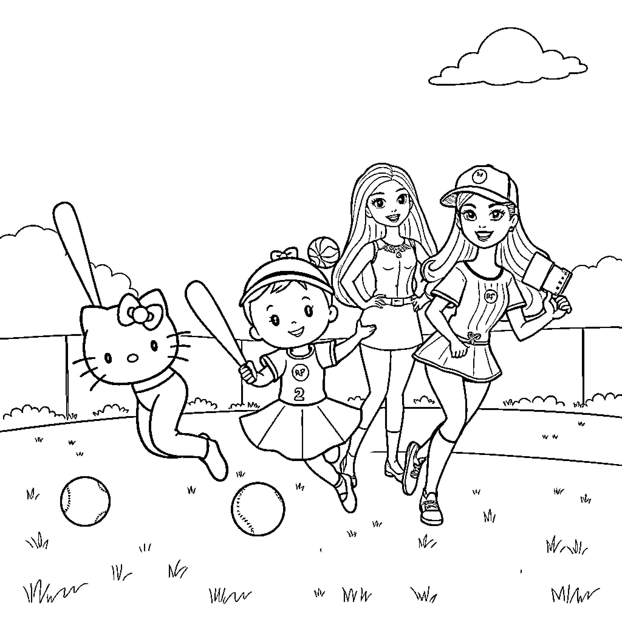 Baseball Players and Hello Kitty on the Field Coloring Page (free black-and-white line drawing printable PDF for all, from beginners to advanced learners, including children, teens, adults, and seniors)