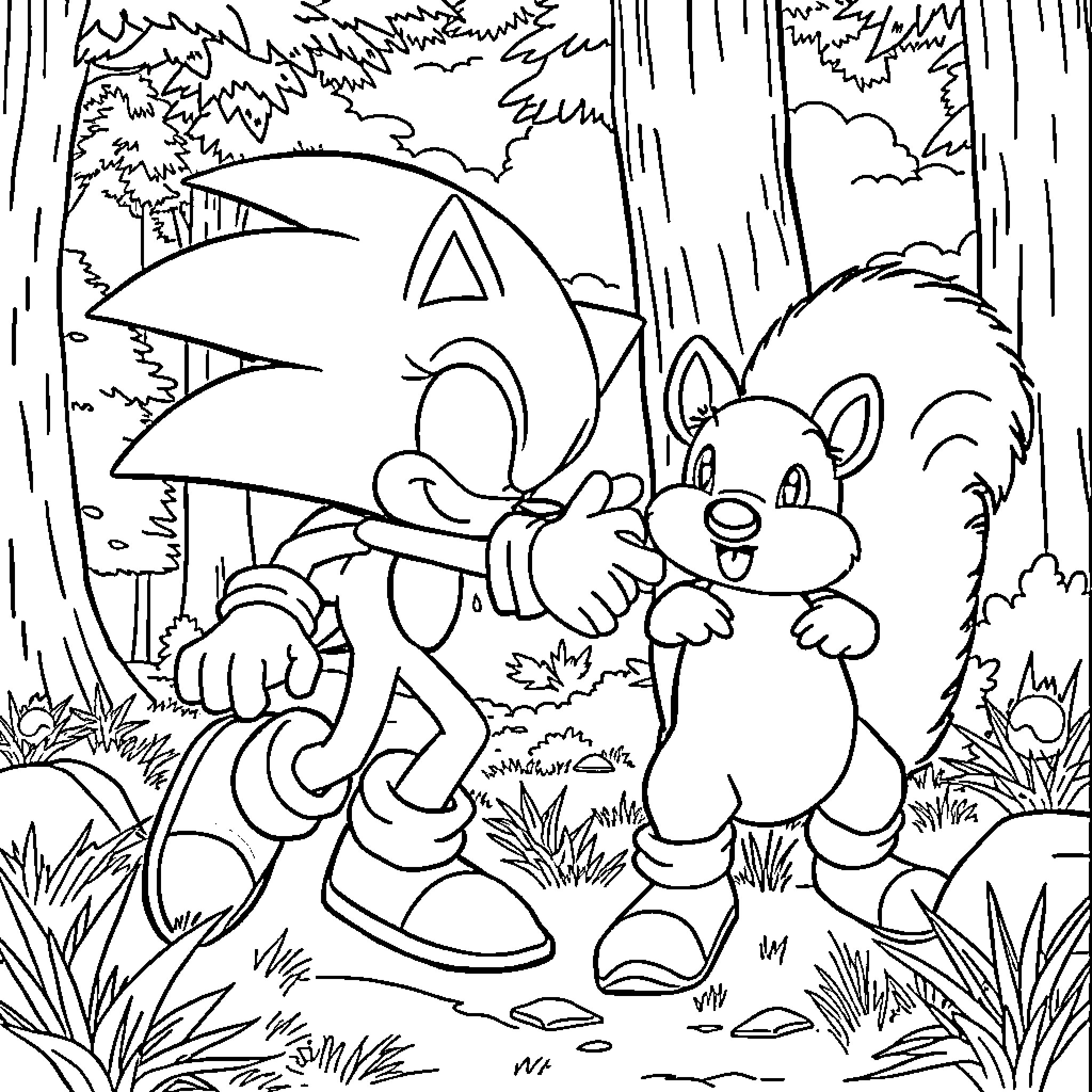 Sonic and Squirrel in Enchanted Forest Coloring Page (free black-and-white line drawing printable PDF for all, from beginners to advanced learners, including children, teens, adults, and seniors)