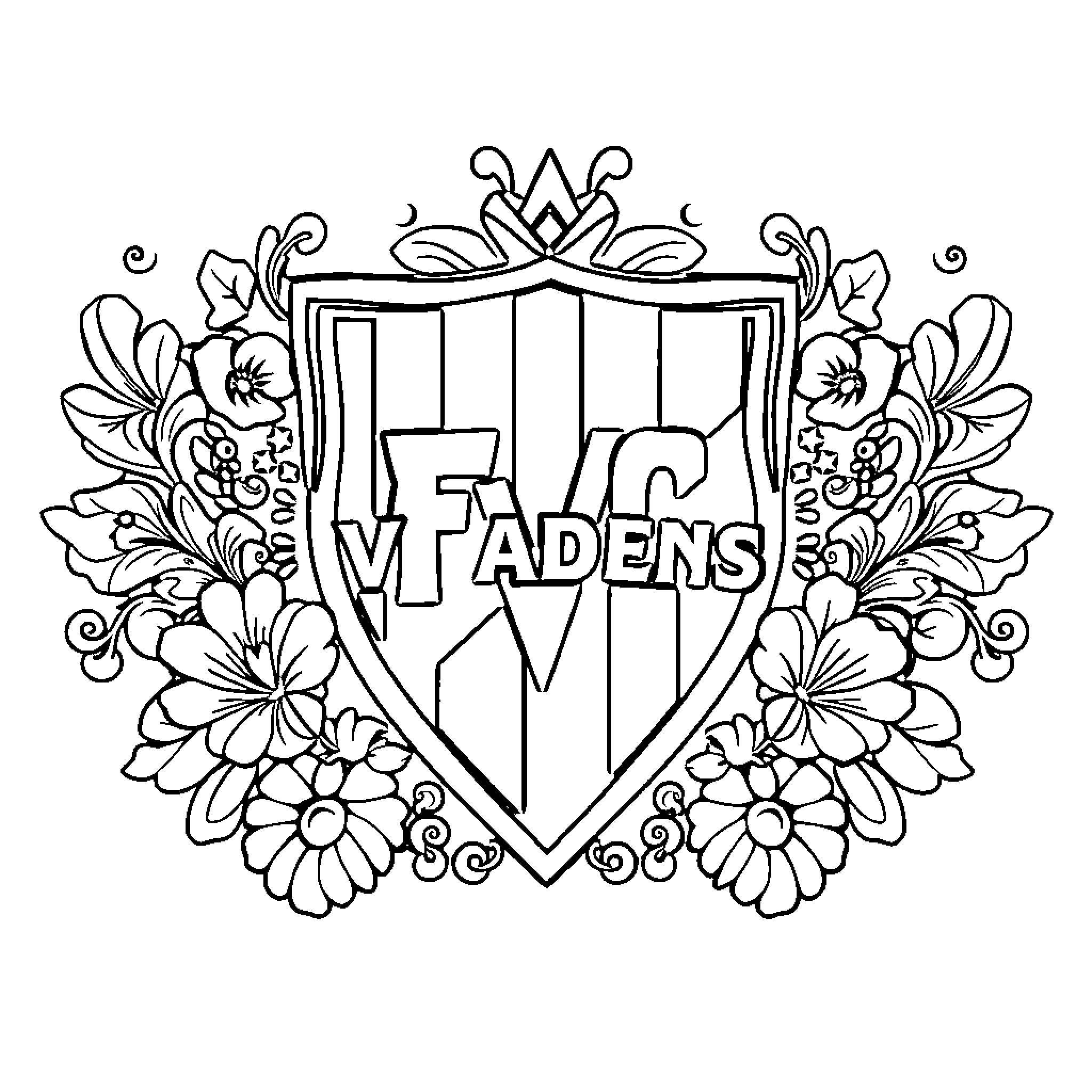 FC Vuadens: Floral emblem with shield and ornaments Coloring Page (free black-and-white line drawing printable PDF for all, from beginners to advanced learners, including children, teens, adults, and seniors)