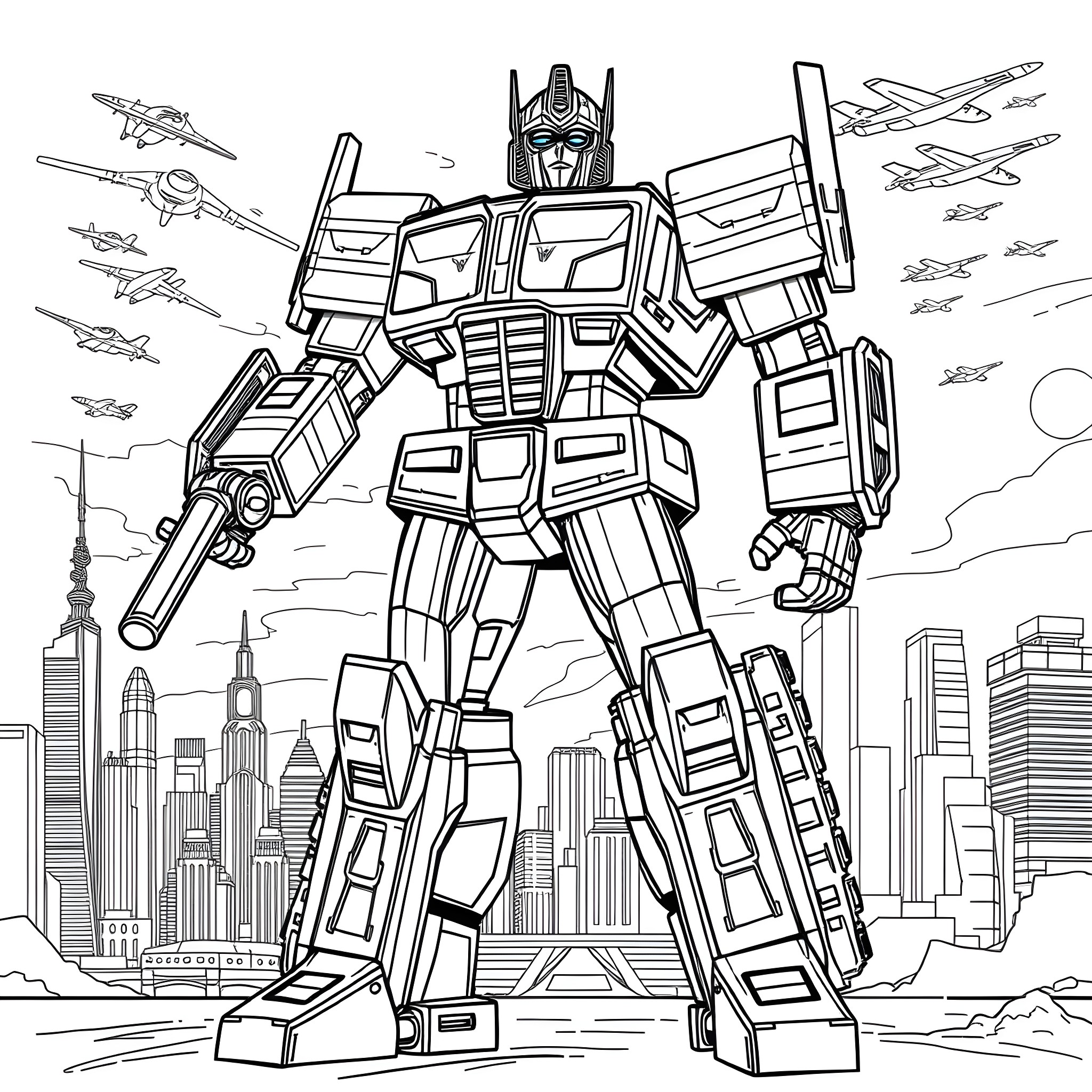Optimus Prime leading the Autobots in the city Coloring Page (free black-and-white line drawing printable PDF for all, from beginners to advanced learners, including children, teens, adults, and seniors)
