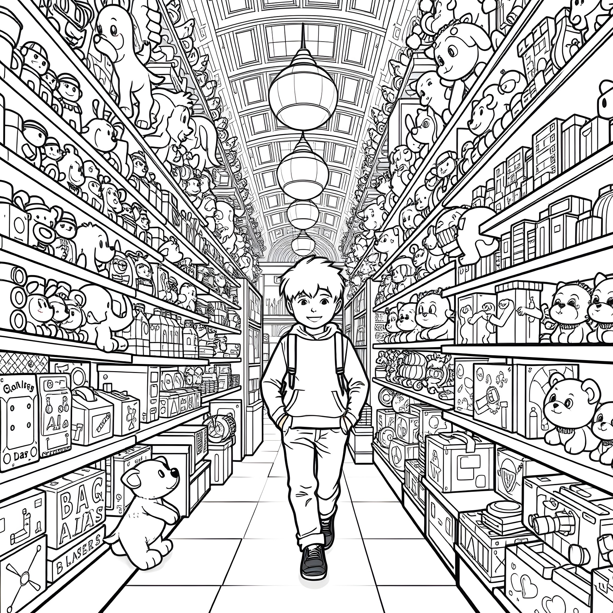 John's Adventure in the Toy Wonderland Coloring Page (free black-and-white line drawing printable PDF for all, from beginners to advanced learners, including children, teens, adults, and seniors)