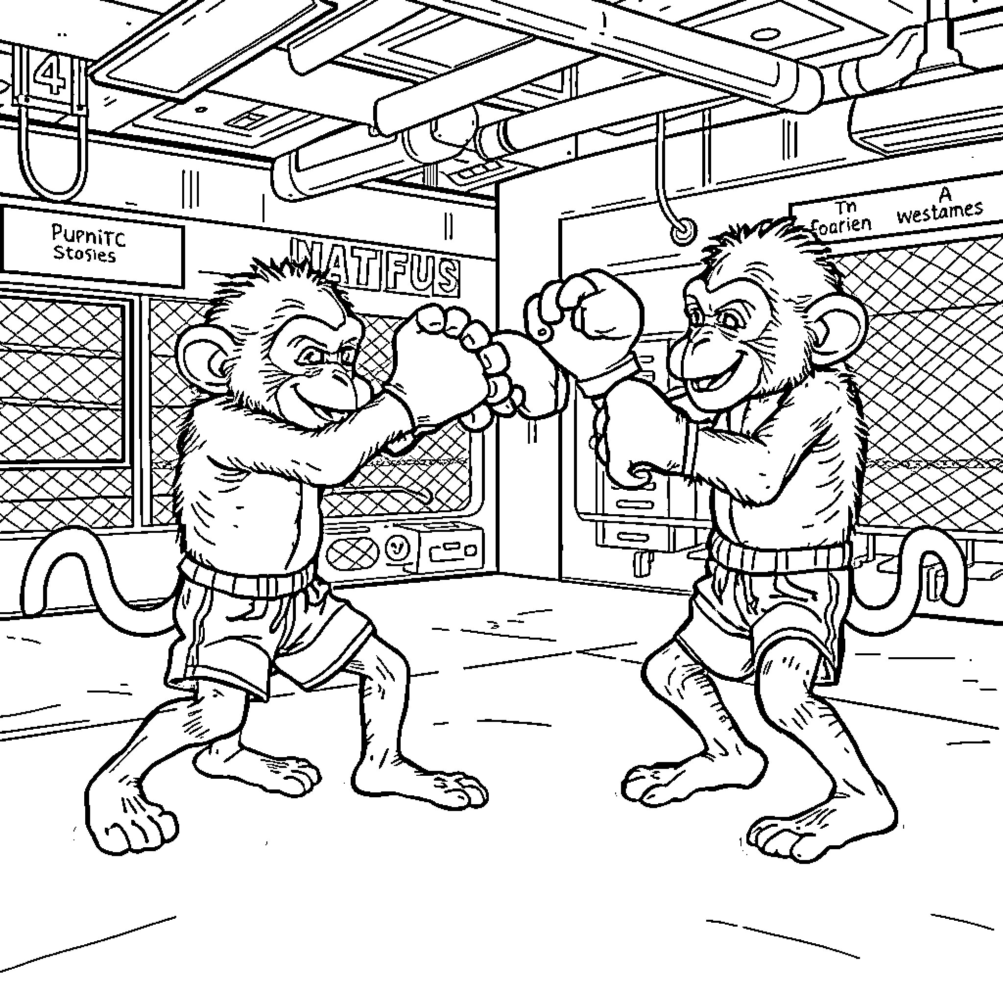 Monkey friends playing fight in the subway station Coloring Page (free black-and-white line drawing printable PDF for all, from beginners to advanced learners, including children, teens, adults, and seniors)