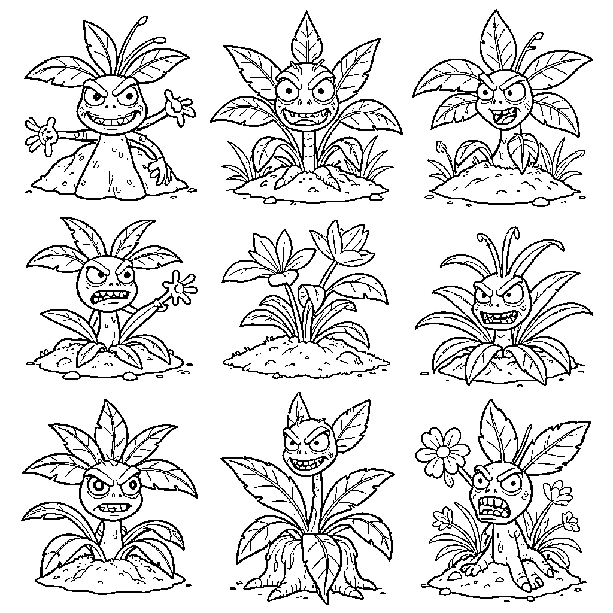 Plants with whimsical expressions and poses Coloring Page (free black-and-white line drawing printable PDF for all, from beginners to advanced learners, including children, teens, adults, and seniors)