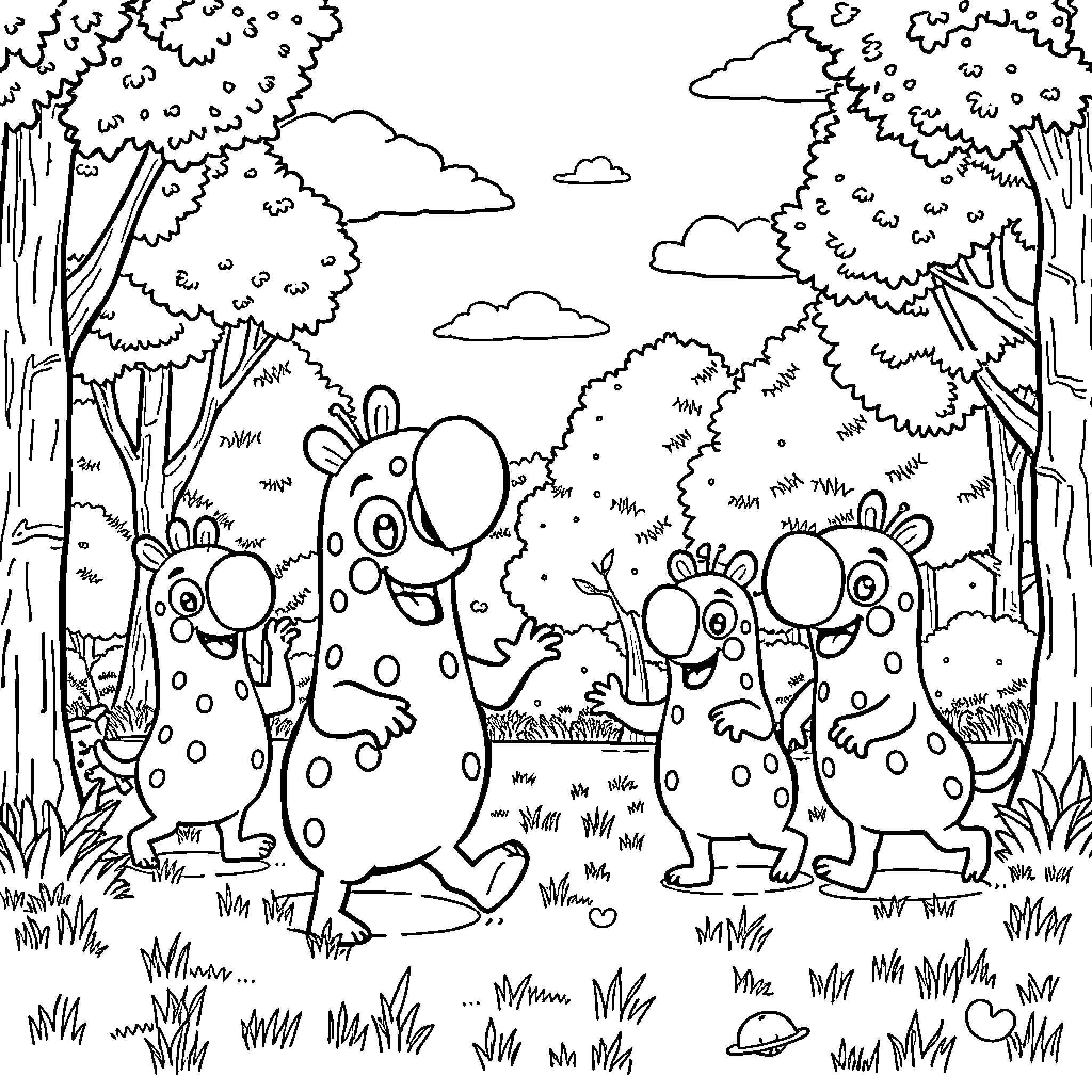 Barbapapa exploring the whimsical forest with friends Coloring Page (free black-and-white line drawing printable PDF for all, from beginners to advanced learners, including children, teens, adults, and seniors)