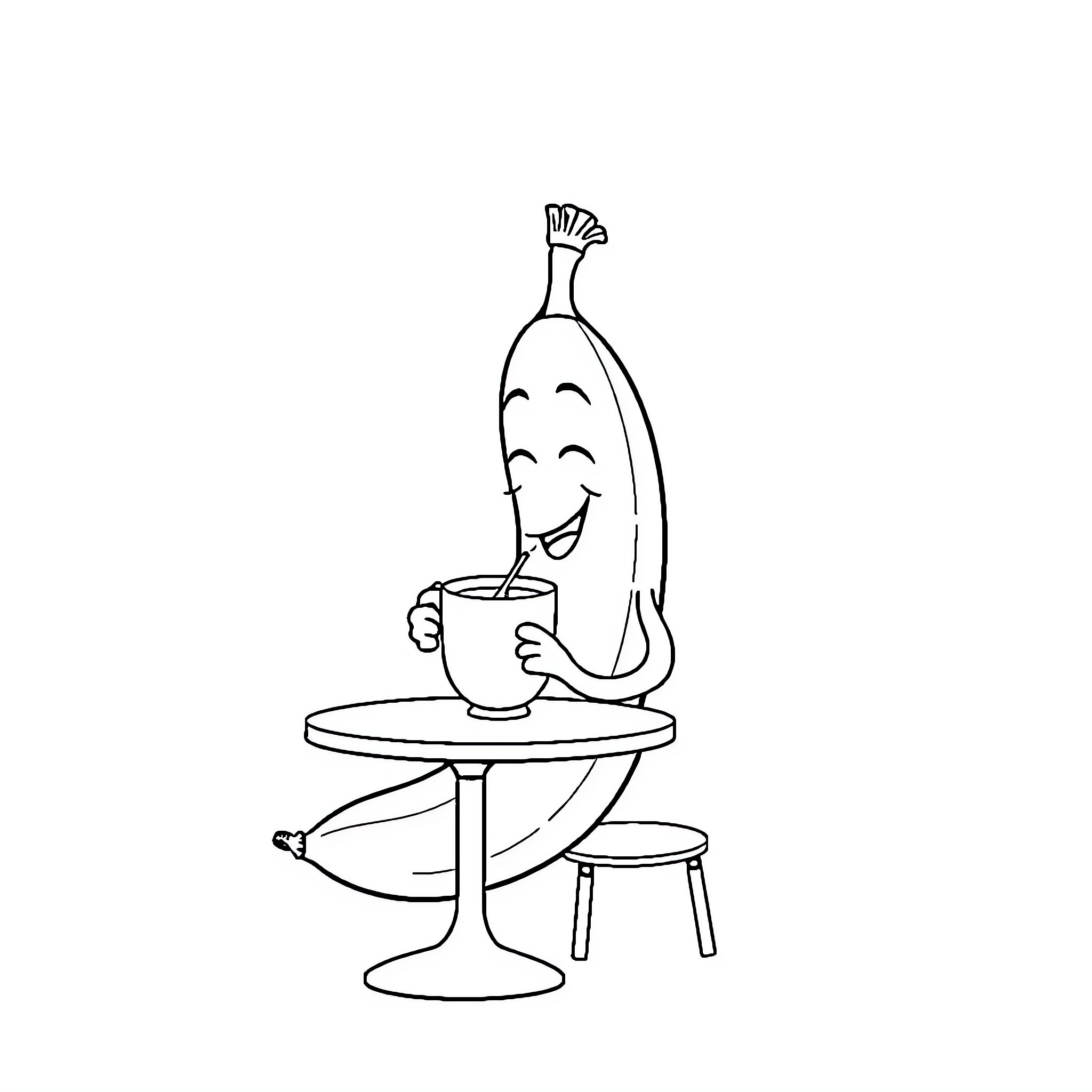 Banana enjoying a hot beverage happily Coloring Page (free black-and-white line drawing printable PDF for all, from beginners to advanced learners, including children, teens, adults, and seniors)