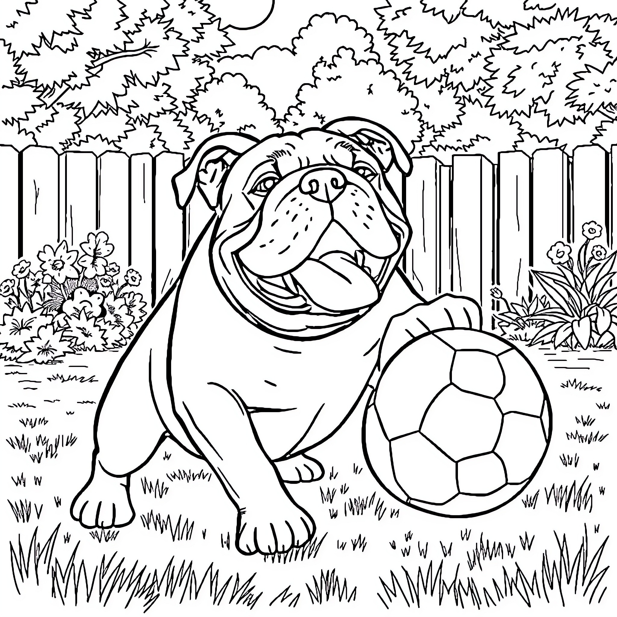 Bulldog playing with soccer ball in backyard Coloring Page (free black-and-white line drawing printable PDF for all, from beginners to advanced learners, including children, teens, adults, and seniors)