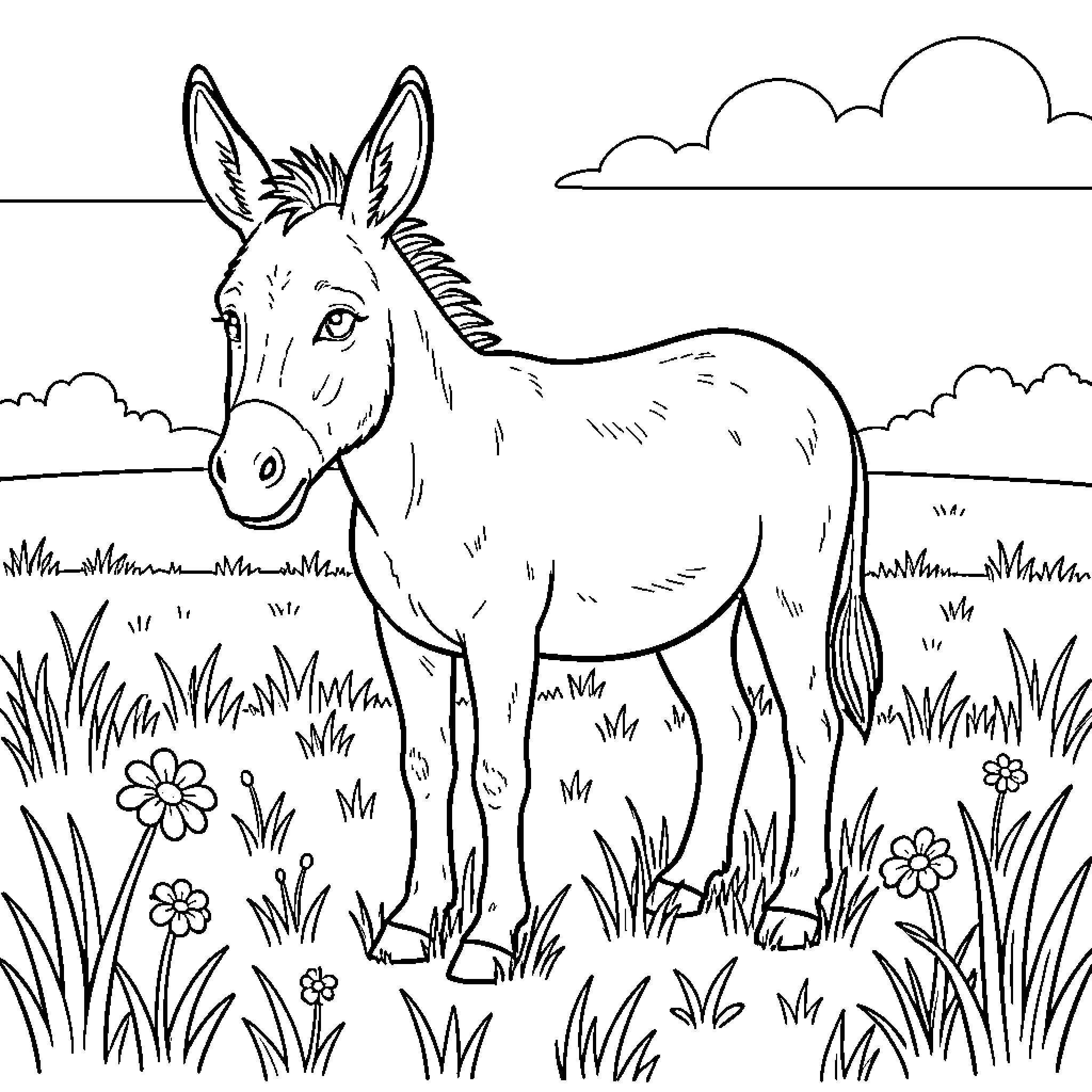 Donkey standing calmly in a grassy meadow Coloring Page (free black-and-white line drawing printable PDF for all, from beginners to advanced learners, including children, teens, adults, and seniors)
