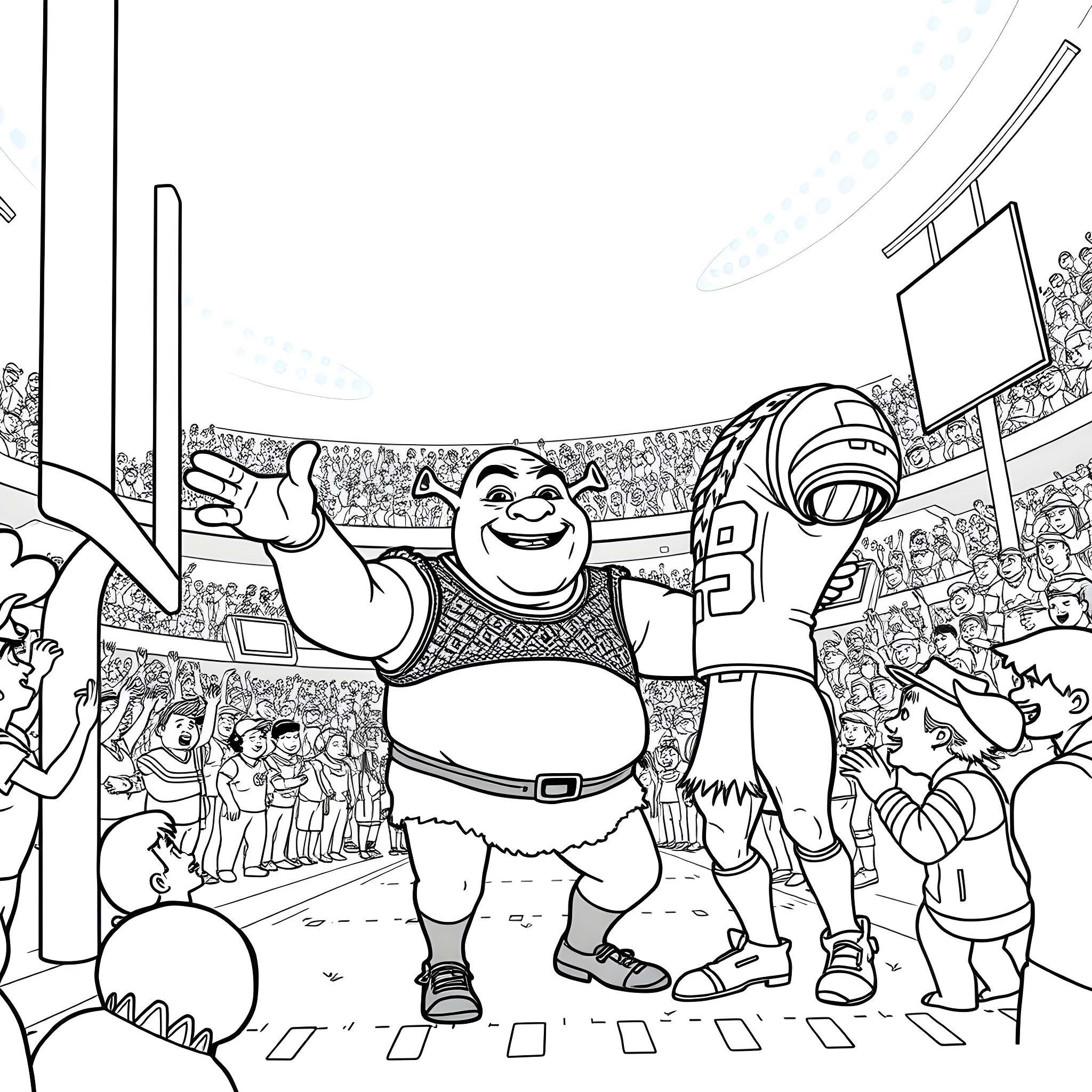 Shrek celebrating victory in the stadium Coloring Page (free black-and-white line drawing printable PDF for all, from beginners to advanced learners, including children, teens, adults, and seniors)