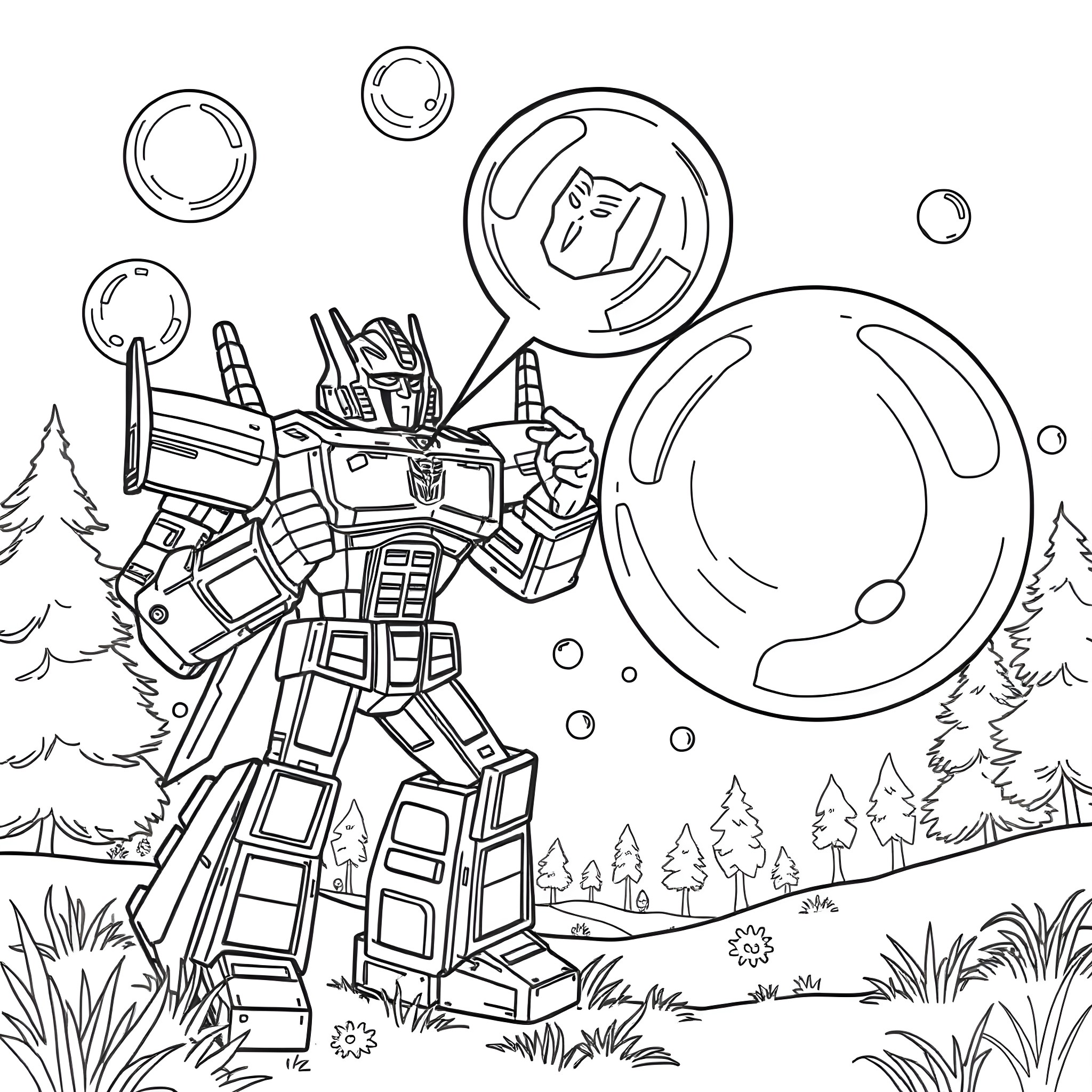 Optimus Prime in a Transforming Sci-Fi Landscape Coloring Page (free black-and-white line drawing printable PDF for all, from beginners to advanced learners, including children, teens, adults, and seniors)
