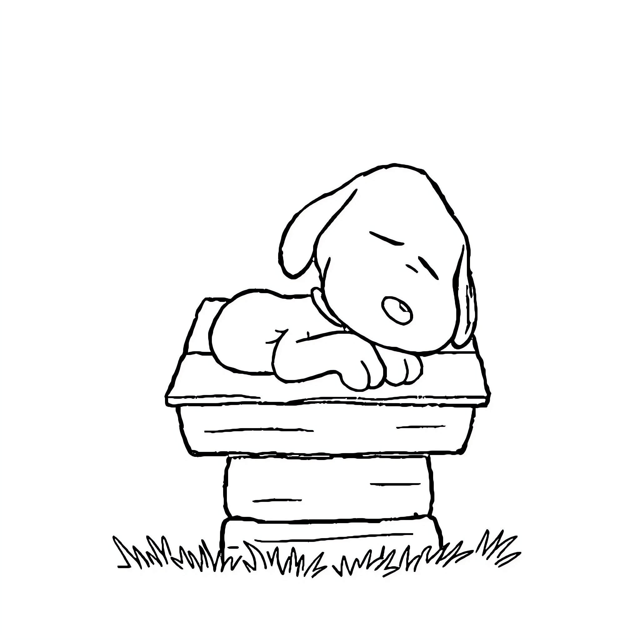 Snoopy resting peacefully on his doghouse Coloring Page (free black-and-white line drawing printable PDF for all, from beginners to advanced learners, including children, teens, adults, and seniors)