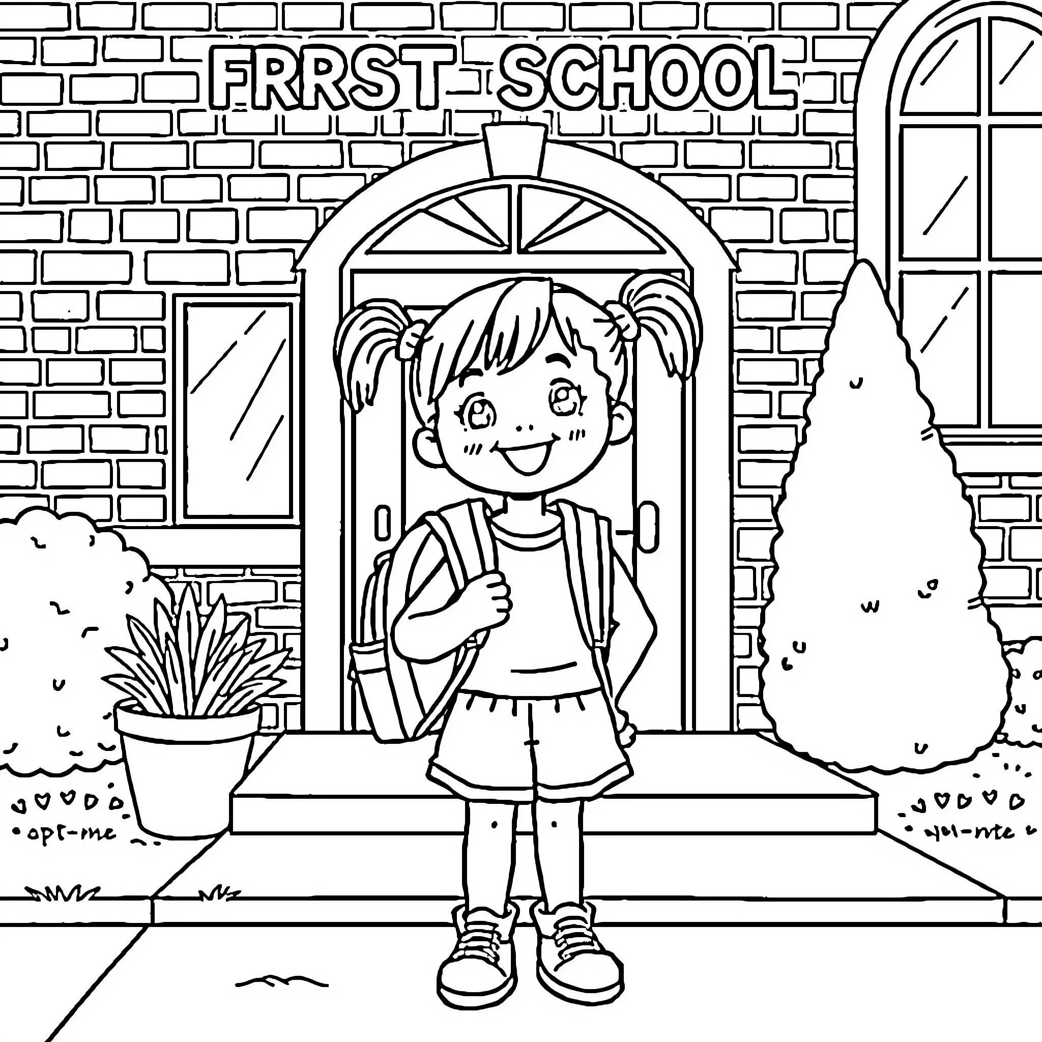 Girl Excitedly Entering First School Coloring Page (free black-and-white line drawing printable PDF for all, from beginners to advanced learners, including children, teens, adults, and seniors)