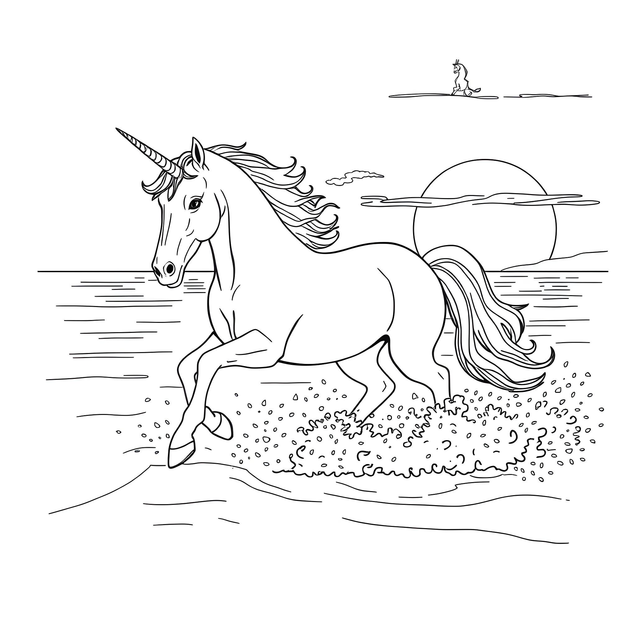 Unicorn galloping through the magical sunset landscape Coloring Page (free black-and-white line drawing printable PDF for all, from beginners to advanced learners, including children, teens, adults, and seniors)